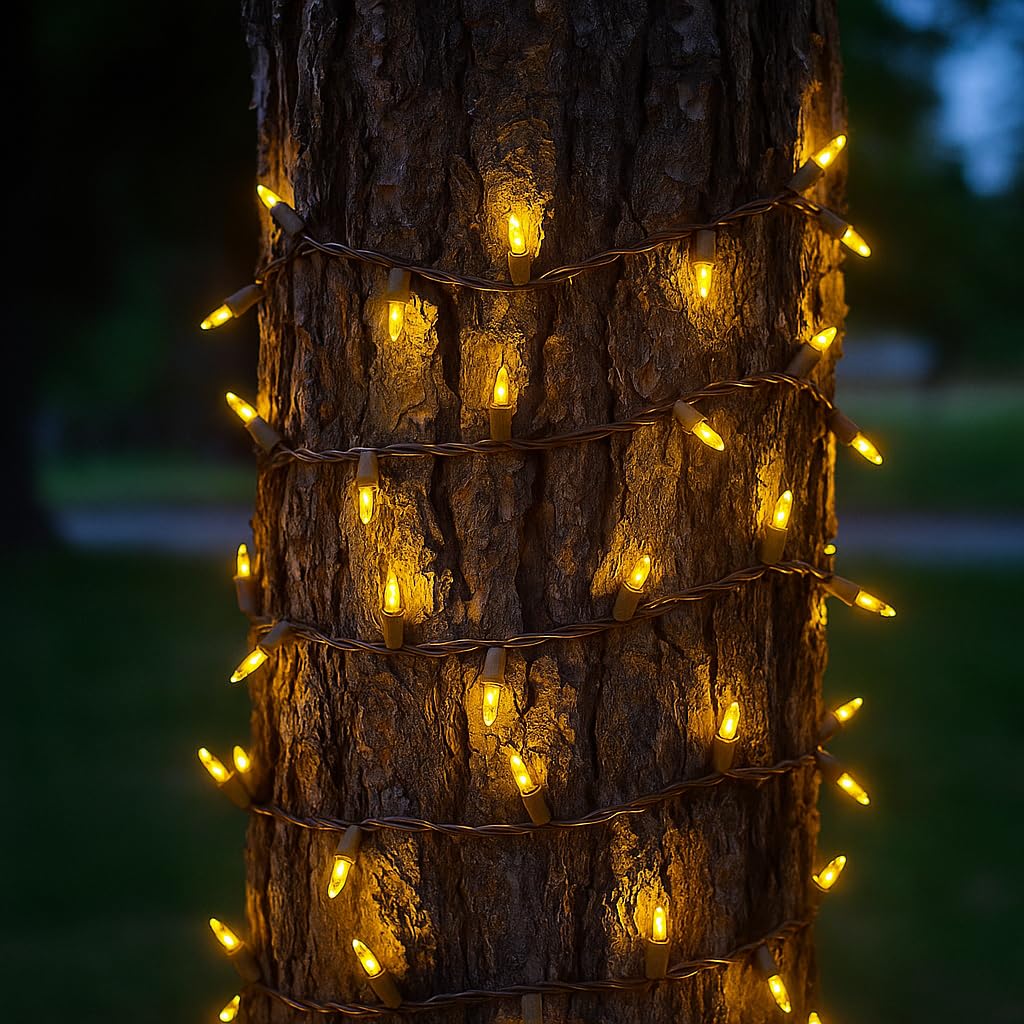 Novelty Lights 50 Feet 100 Bulbs Traditional Incandescent Mini Lights, Yellow On Brown Wire With 6 Spacing, Commercial Grade And