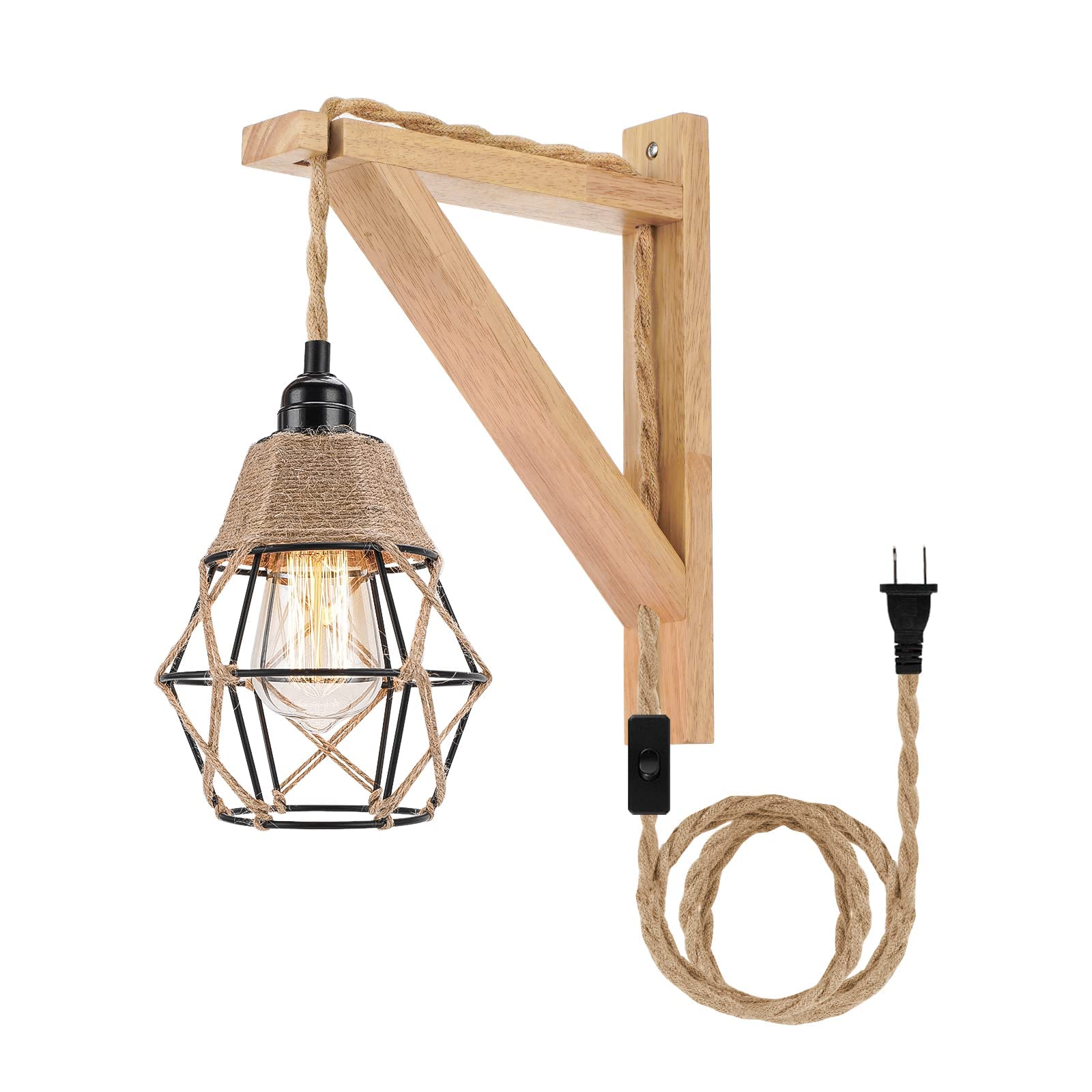 FRIDEKO HOME Wall Lamp - Plug-in Sconce with Wood Shelf, Rustic Design, Orange Color, Model L03039-12-US