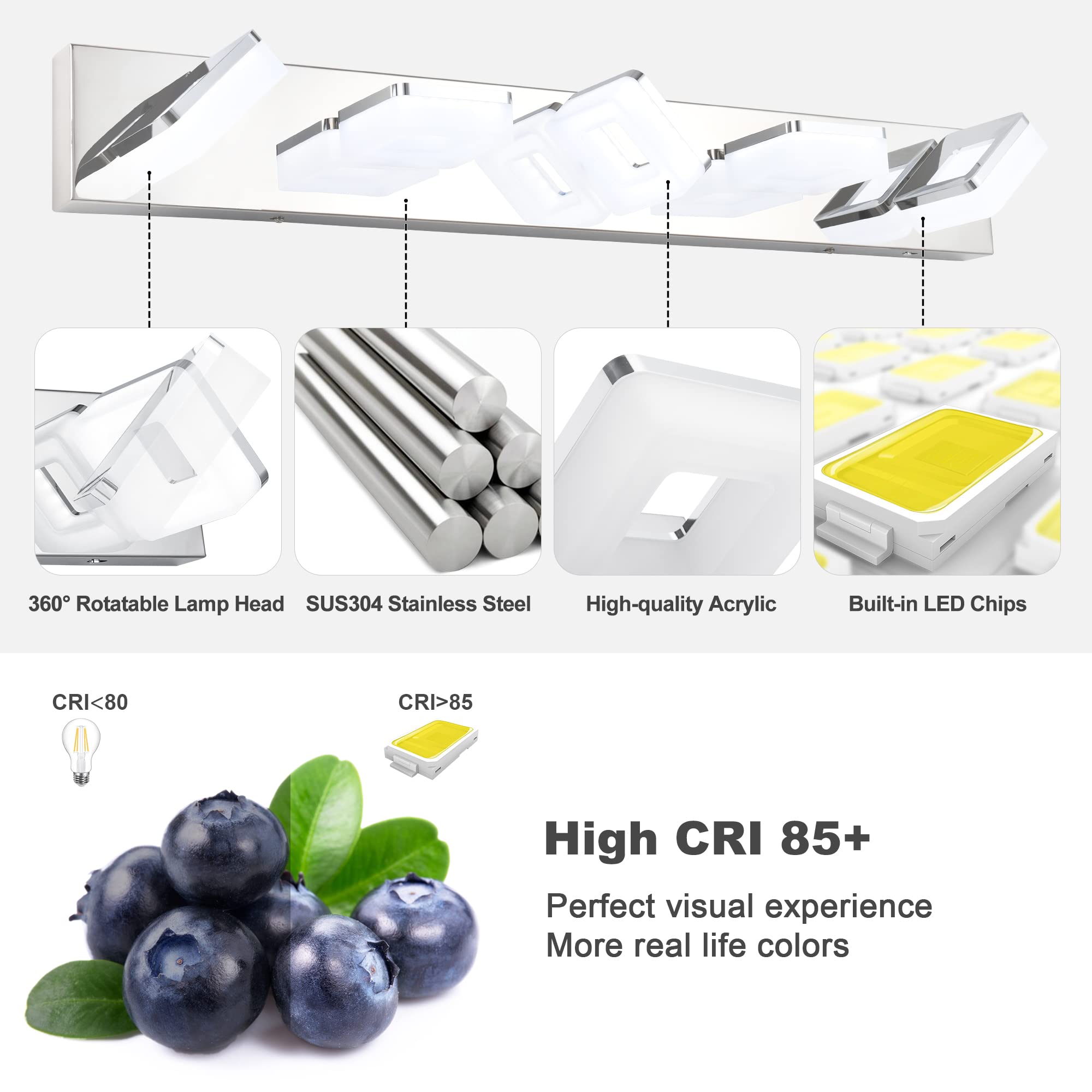 Goodate Chrome Dimmable Led Bathroom Vanity Light 5 Lights, Adjustable 3000K/4000K/6000K