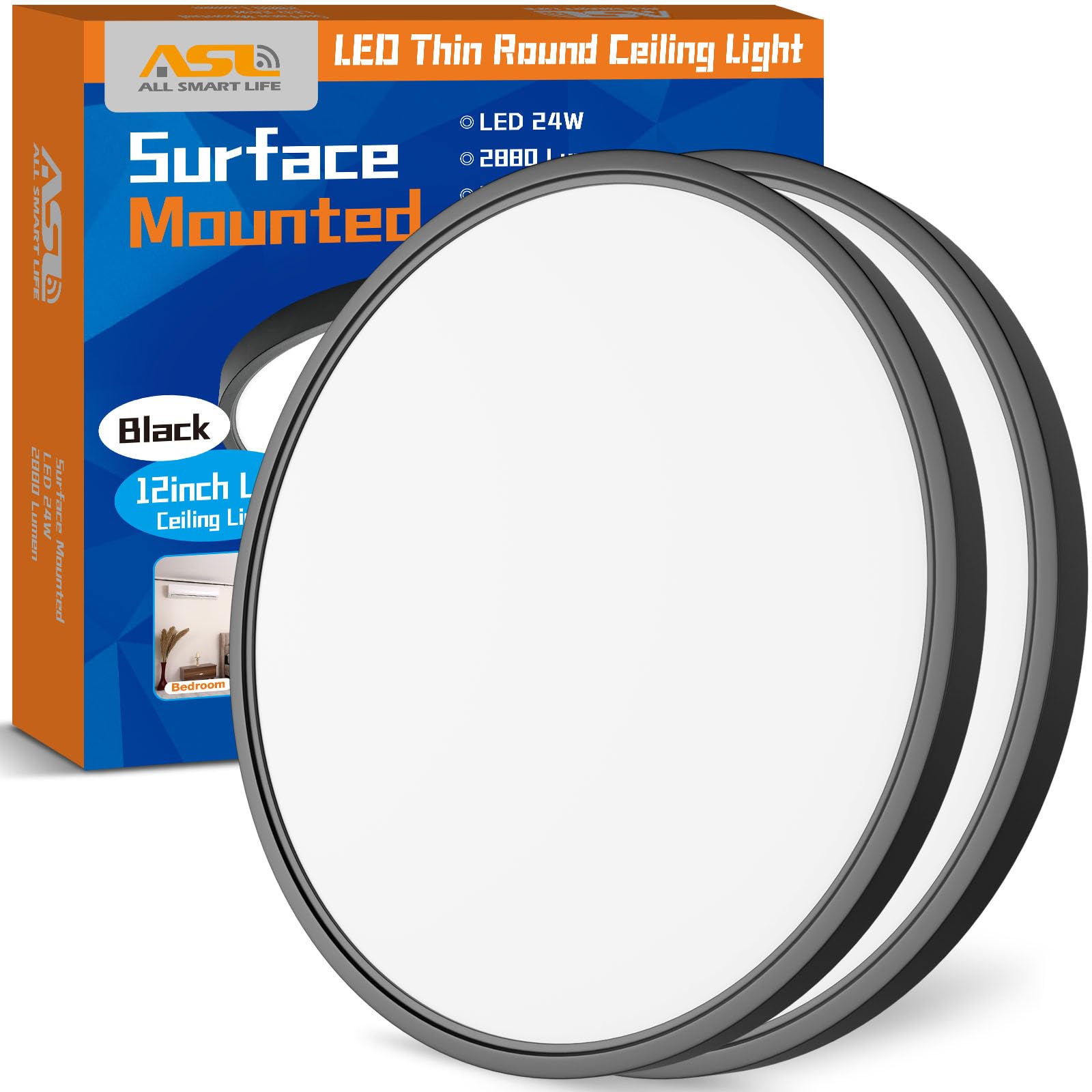 Allsmartlife Flush Mount Ceiling Light 2 Pack, Dimmable CCT 3000K/4000K/6500K Round Led Ceiling Light, 12 inch 24W Laundry Room 