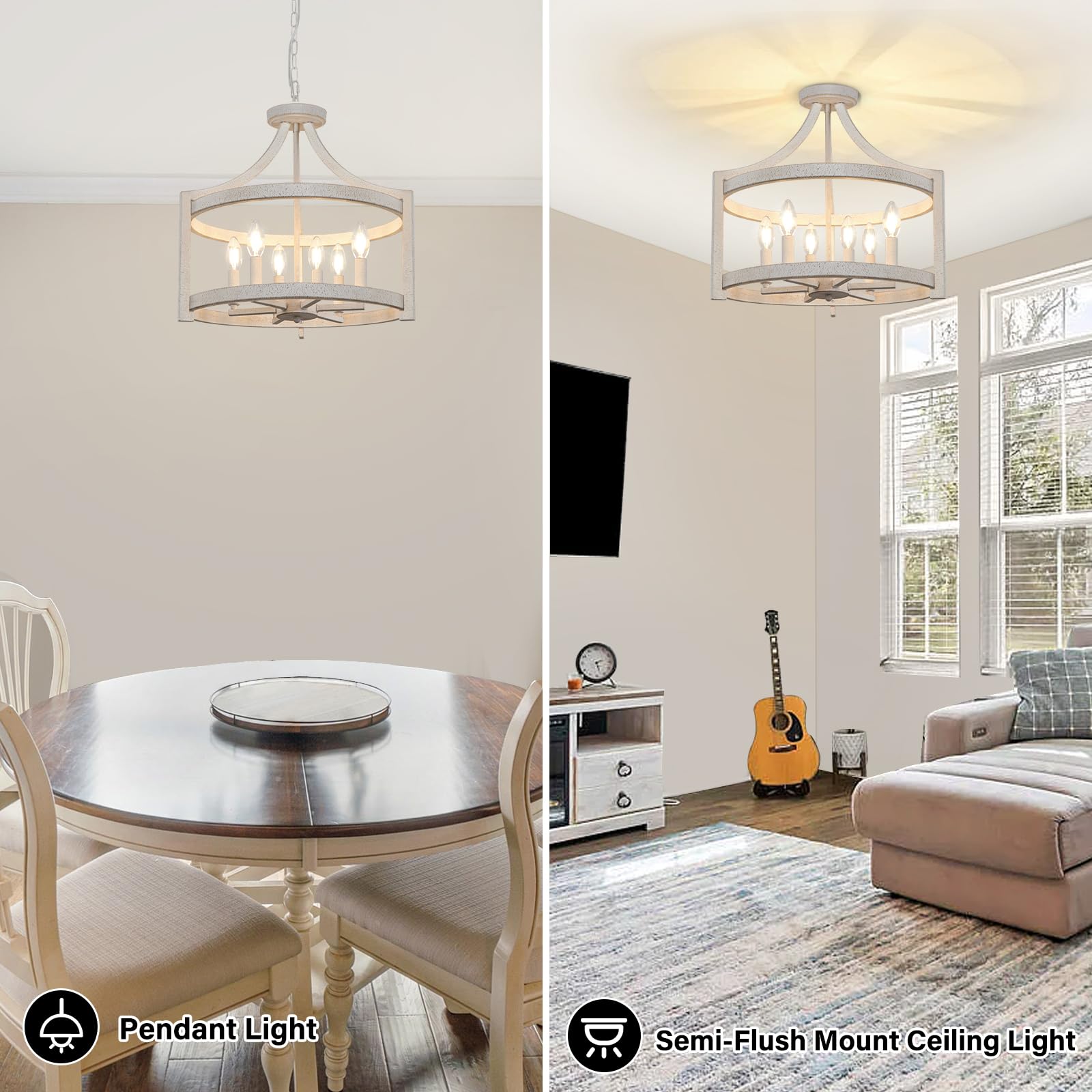WBinDX 6-Light Distressed White Farmhouse Chandelier, Rustic Pendant Ceiling Light Fixture for Dining Room, Kitchen, Foyer, Model WB128M-6DW