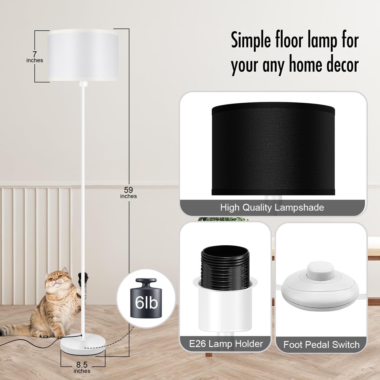 Floor Lamp, Standing Lamps, Simple Floor Lamps For Living Room, Small Stand Up Light With Black Lampshade, 59'' Tall, Foot Switc