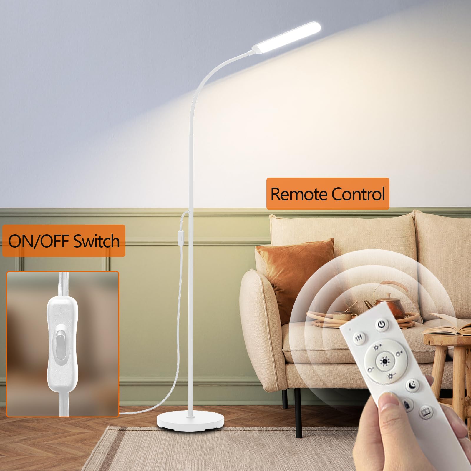 White Led Floor Lamp, 18W 1800Lm Super Bright Dimmable Floor Lamps For Living Room Bedroom With Timer, Stepless Adjustable 2700K