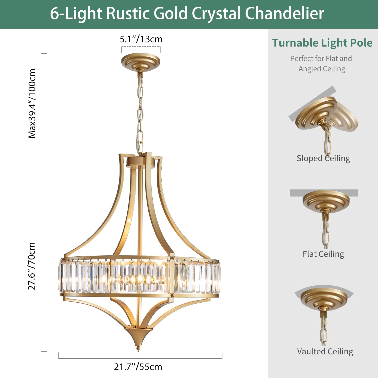 Avzkcy Modern Gold Crystal Chandelier, 6-Light Round Pendant Lighting Fixtures, 21.6'' Height Adjustable Ceiling Light For Livin