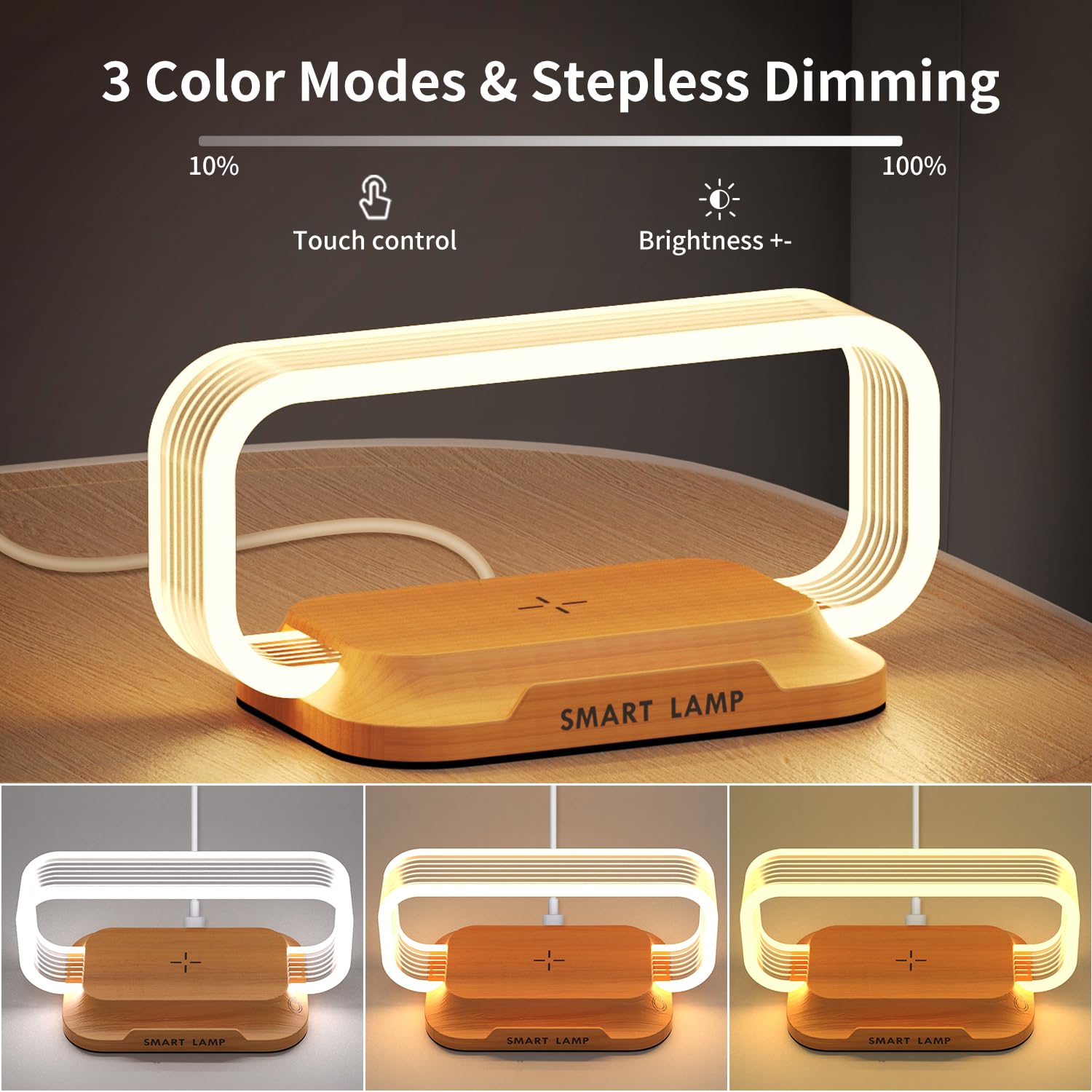 Donewin Small Nightstand Lamp With Wireless Charger, Cute Bedside Lamp With Clock, Stepless Dimmable, 3 Color Modes