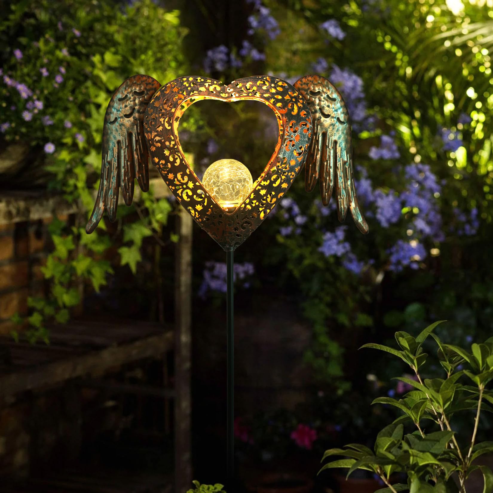 Kaixoxin Leds Solar Stake Lights For Garden Metal Warm White, Memorial Gift - Perfect As Remembrance & Sympathy Gifts (Heart-Bro