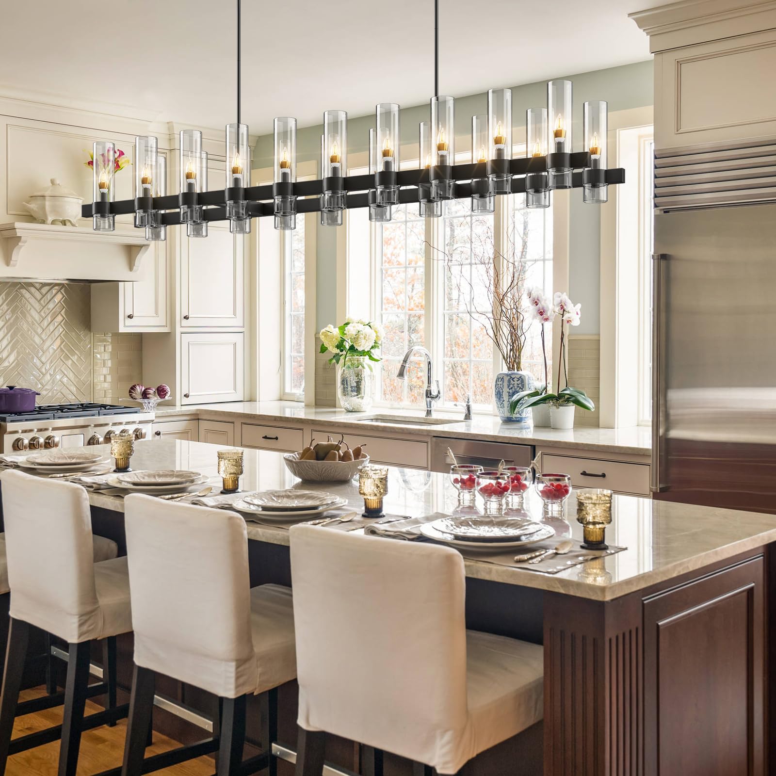 Yiosi Black Kitchen Island Lighting-20-Light Linear Chandelier, Adjustable 67.7'' Modern Farmhouse Rectangle Pendant Light Fixtu