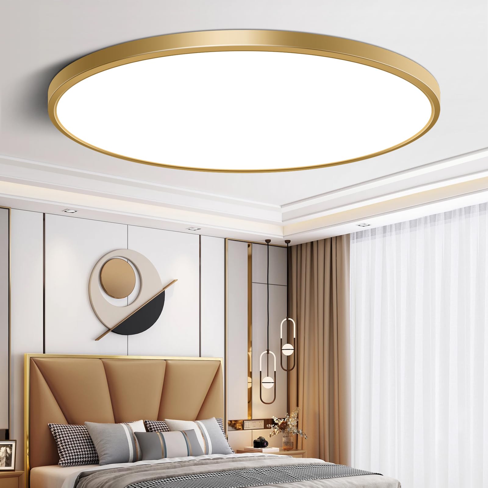 Fletergib 15.7 Inch Gold Flush Mount Ceiling Light Fixture, 5000K Daylight White, 32W 3800Lm Bright Led Ceiling Light, Flat Round Light Fixtures Ceiling Mount For Bedrooms Living Rooms
