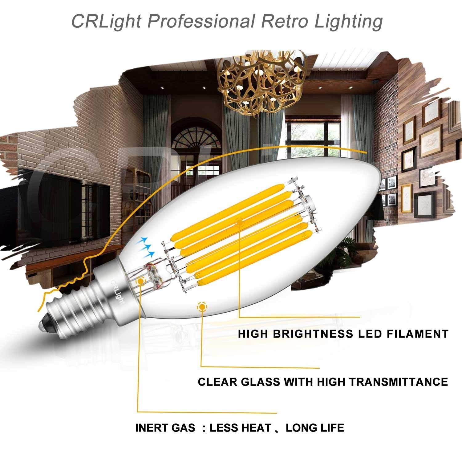 Crlight 6W Dimmable Led Candelabra Bulb 65W Equivalent 700Lm, 6 Led Filament Real 6W Chandelier Light Bulbs, 2700K Warm White E1
