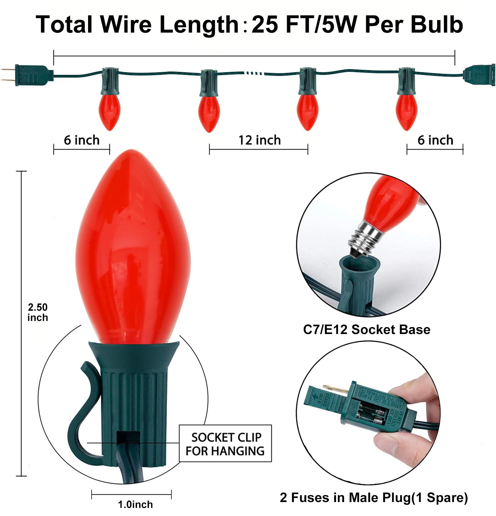 SUNSGNE C7 Christmas Outdoor String Lights 25ft with 27 Red Glass Bulbs, Connectable for Backyard Party Decor, Green Wire
