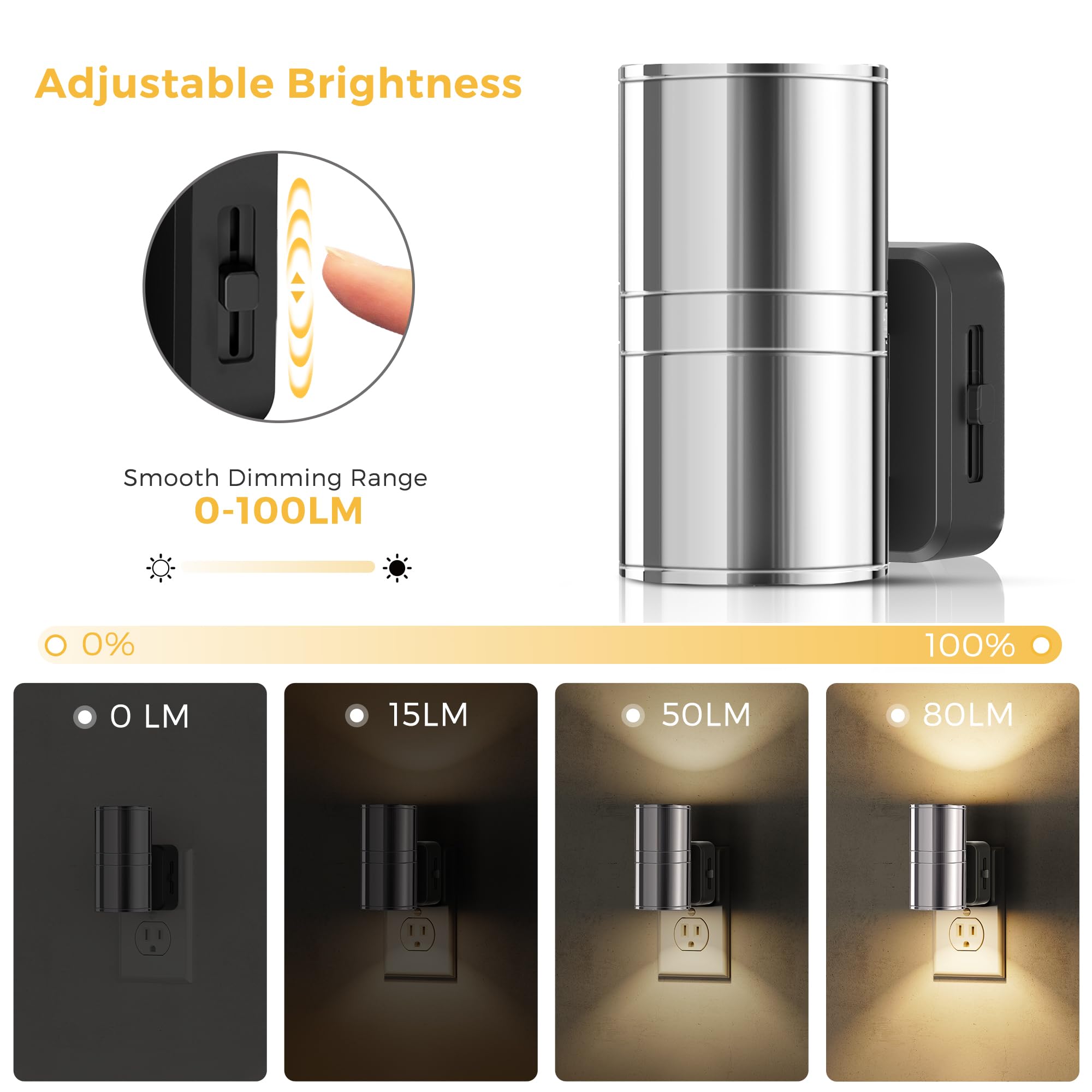 L LOHAS LED Night Light 3000K Dimmable Plug-in, Aluminum, Smooth Silver, 2 Pack, Model GY060US-02-DCH2-2