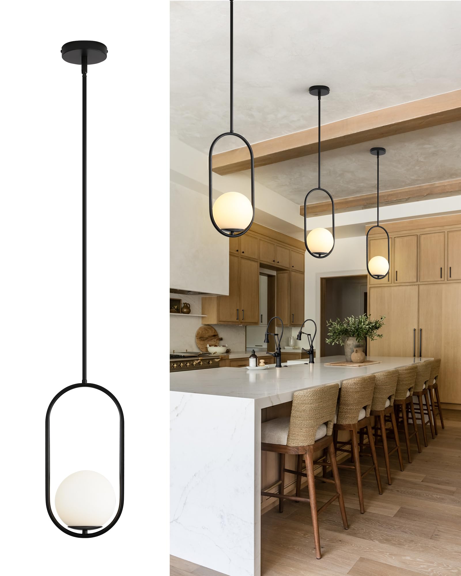 Yunnix Pendant Lights Kitchen Island  Pendant Light Fixtures  Modern Black Globe Glass Pendant Lighting  Mid Century Chandelier One Light for Bathroom Bedroom Dining Room(Bulb Not Included)