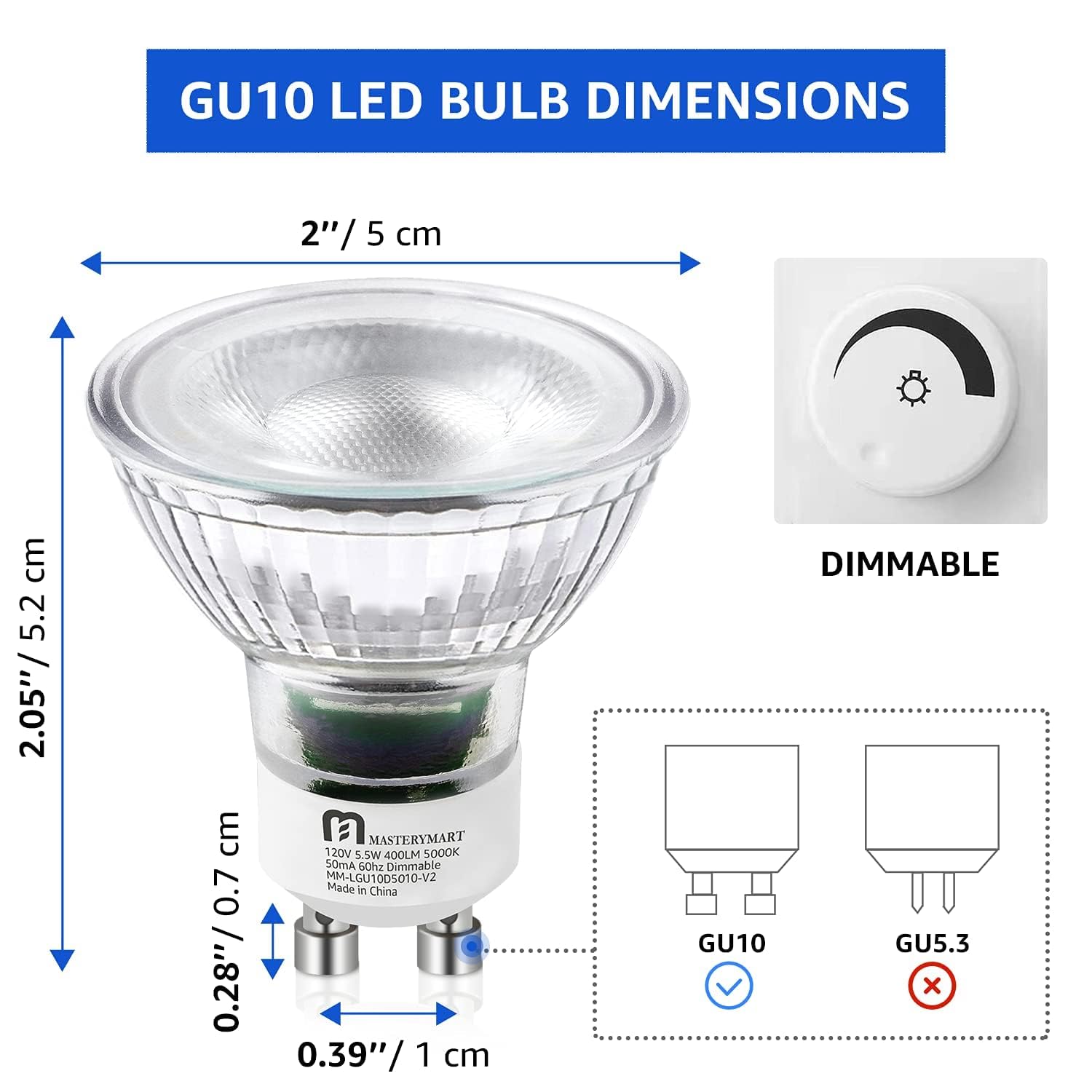 MASTERY MART GU10 LED Light Bulbs 5.5W Dimmable 5000K Daylight White 10 Pack MR16 Spot G10
