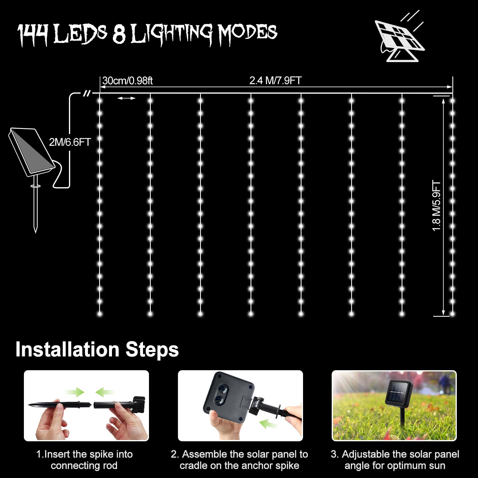 echosari Solar Curtain Lights 144 LED Waterproof 7.9ft x 6ft Warm White with Timer 8 Modes for Outdoor Decor