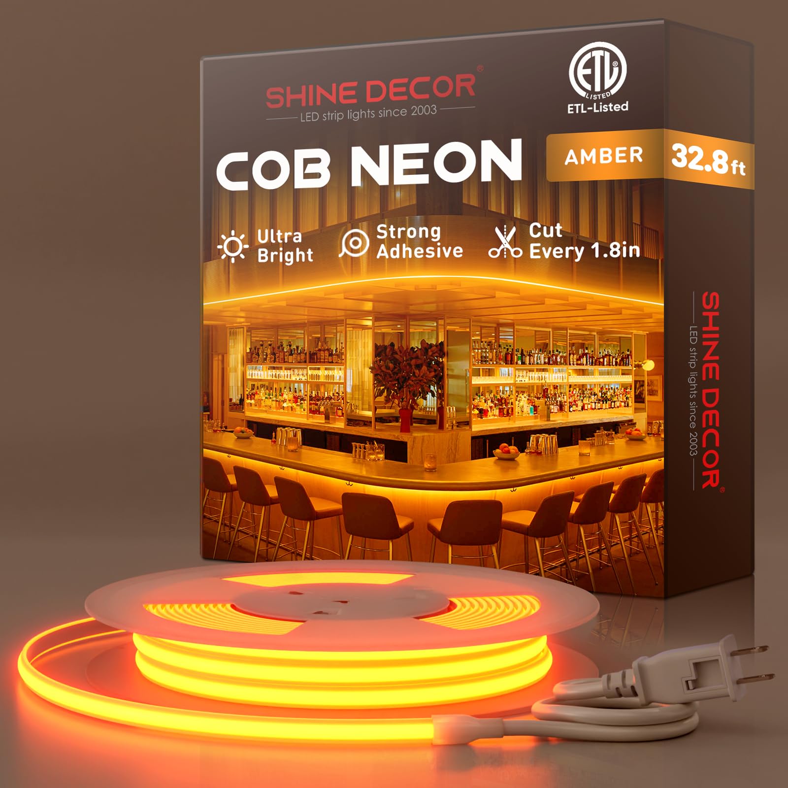 Shine Decor Cob Led Rope Light Ac 120V  800Lm Ultra Bright  Ip65 Waterproof Cold-Resistant Etl Neon Strip  No Driver Tape Lighting For Home Commercial 10X4.5Mm  Amber  32.8Ft