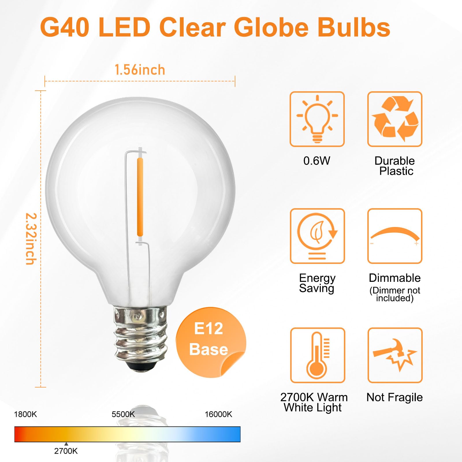 25 Pack G40 Led Replacement Light Bulbs, E12 Screw Base Shatterproof Led Globe Bulbs For Outdoor String Lights, 0.6 Watt Dimmabl