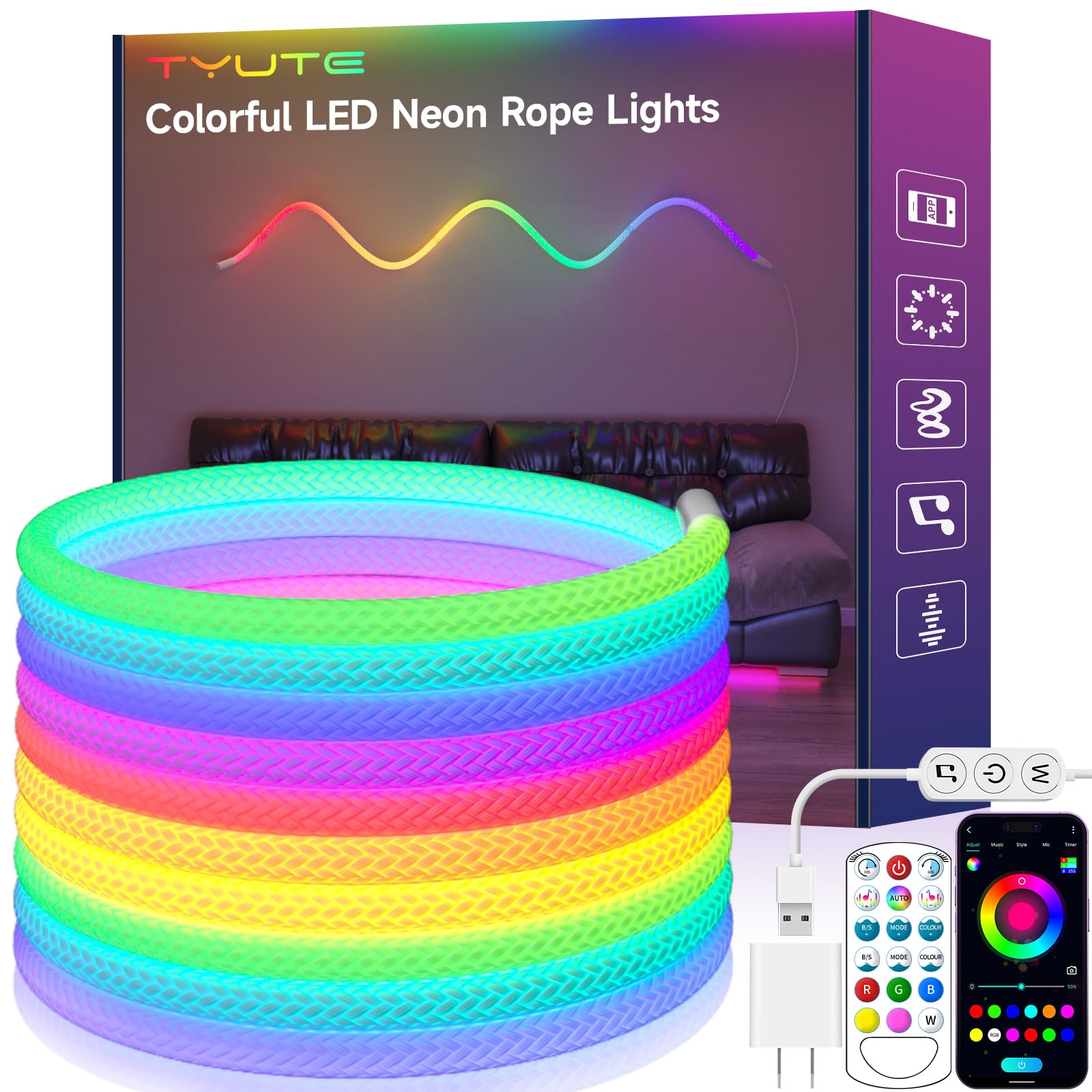 Tyute LED Rope Lights, 9.84ft Neon LED Lights Strip with 360 Degree Luminous, 5V USB Flexible IP67 Waterproof Music Sync Remote 