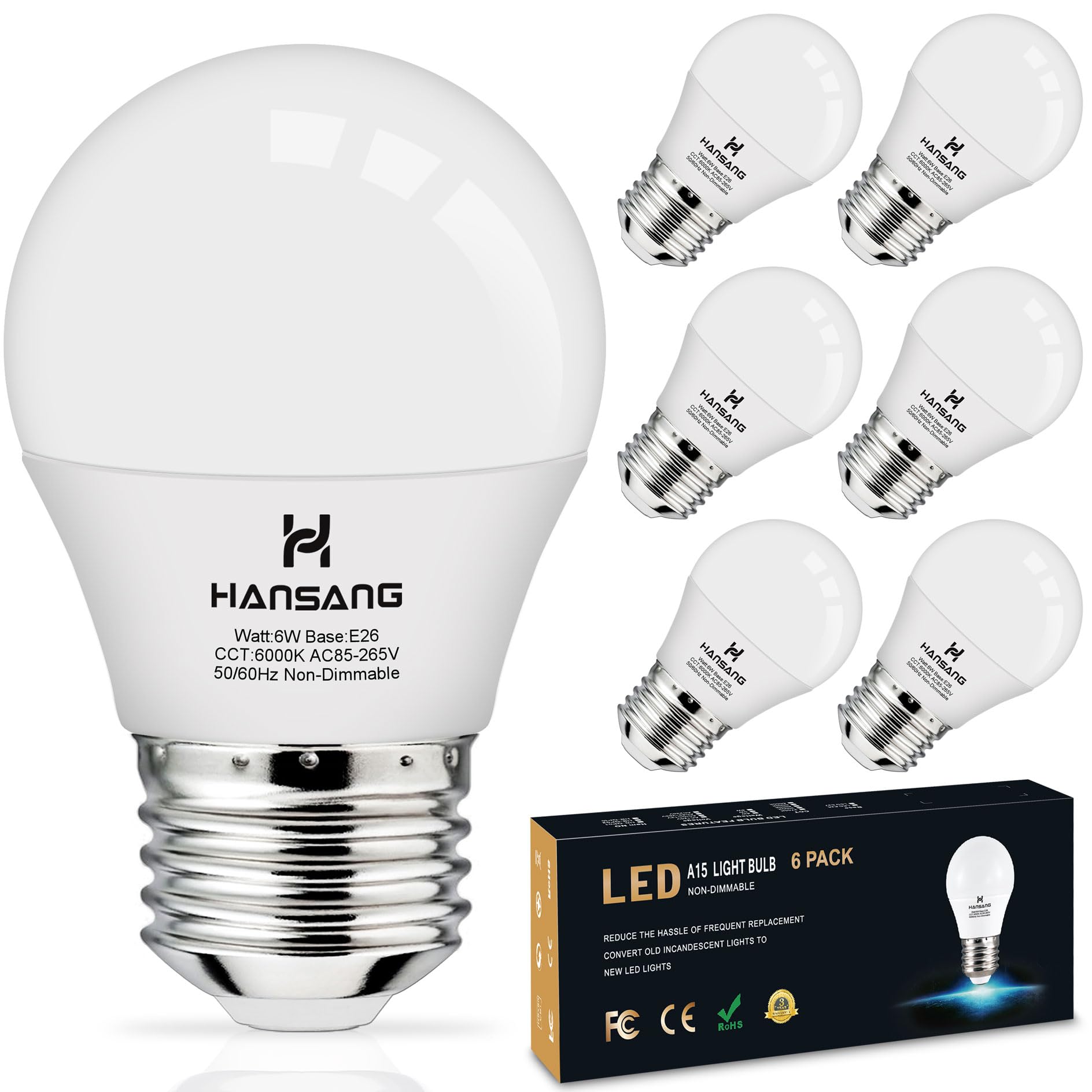 Hansang A15 Led E26 Small Light Bulb, Daylight 6000K, 60Watt Equivalent Ceiling Fan Light Bulbs, E26 Standard Base Appliance Lig