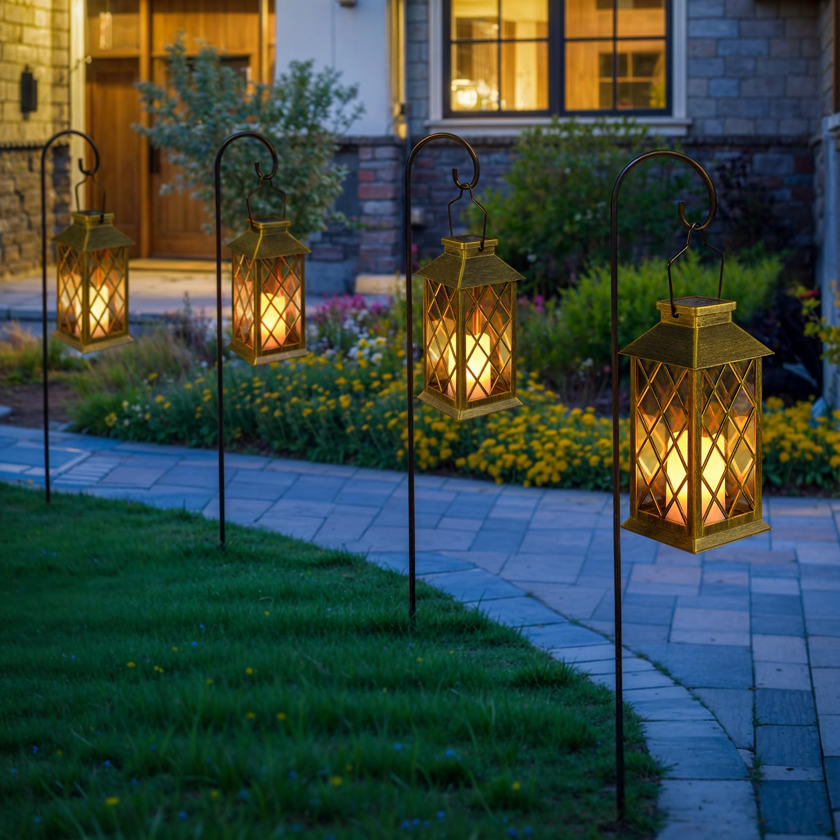 HOMEIMPRO 2Pack Solar Lanterns Waterproof Antique Green Bronze 11in Flickering Candle Lights for Outdoor Garden Patio