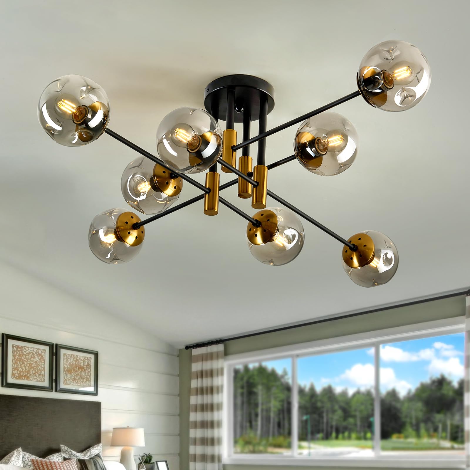 Szxykeji 8 Light Black Sputnik Chandelier, Glass Globe Flush Mount For Living Room & Dining Room