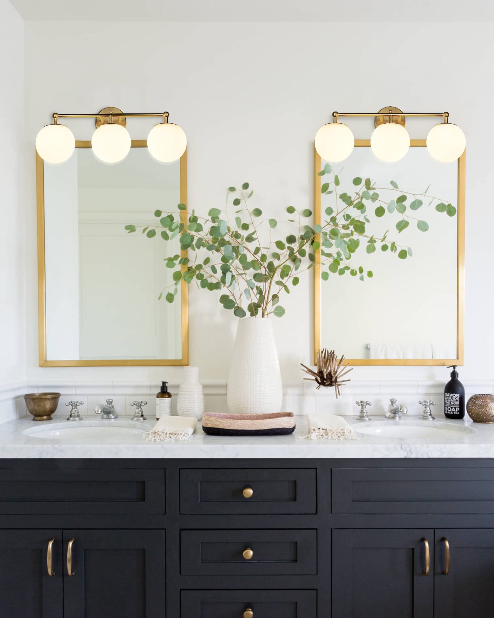 Akezon Gold Vanity Light For Bathroom, Modern Bathroom Light Fixtures Over Mirror 3-Light With Milky Glass Globe Shade, Kw-7308-3