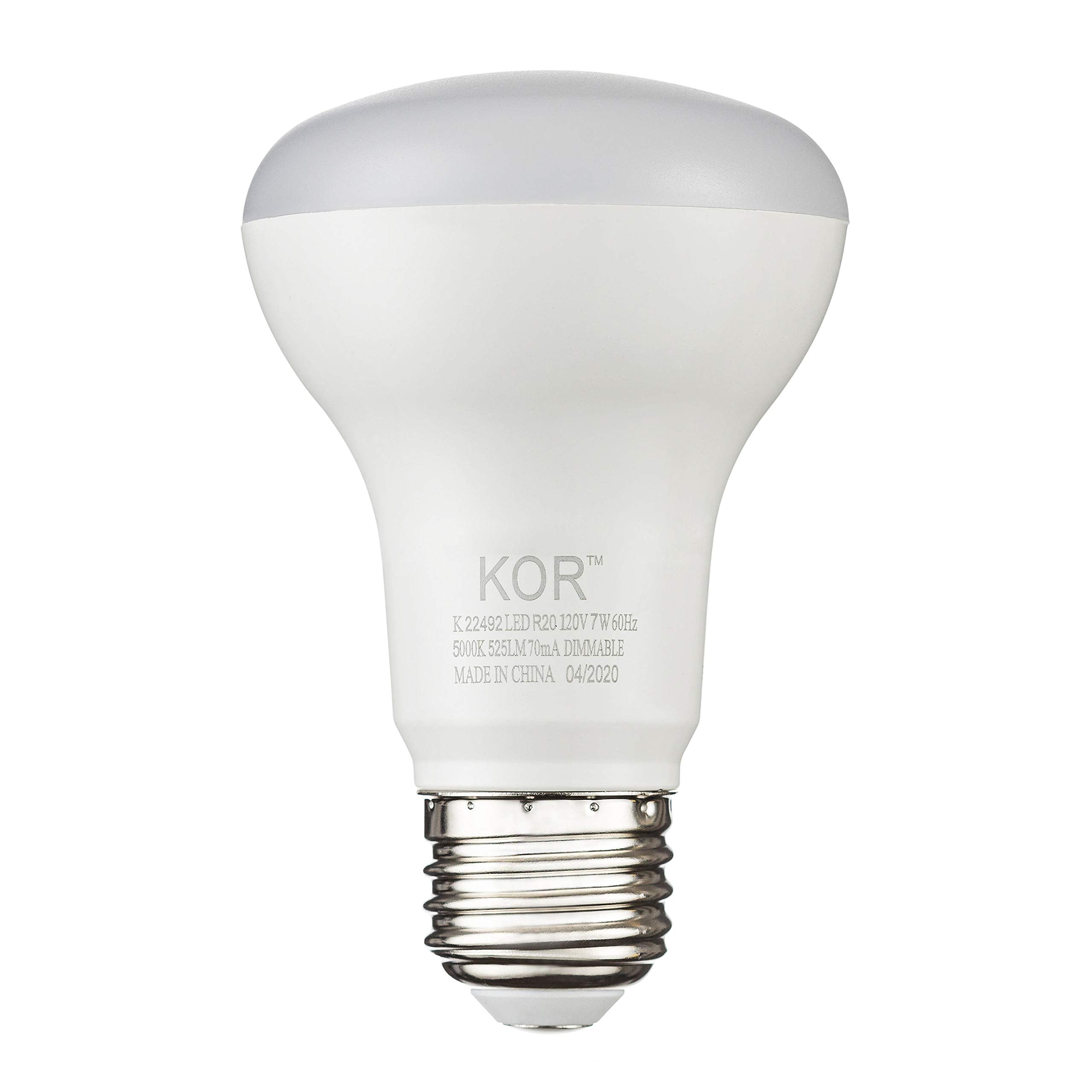 Kor (6 Pack) 7W Led R20 Reflector 5000K Bright White Light Bulb (50W Equivalent), Dimmable, 525 Lumens, Standard E26 Base, Br20