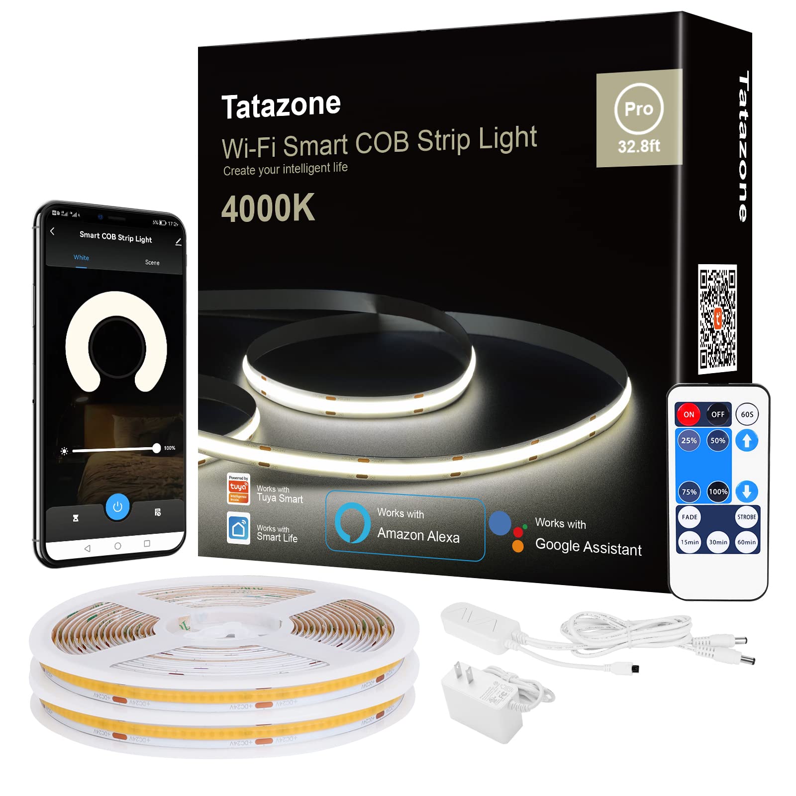 Tatazone Smart White COB Led Strip Light with App and Remote, 32.8ft 4000K Bright WiFi COB Light Strip Work with Alexa and Googl