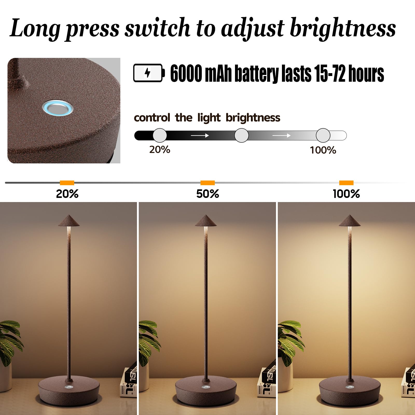 Yiben 2Pack Rechargeable Cordless Table Lamp, Portable Powered Led Battery 6000Mah Metal Usb Desk Lamp, 3 Levels Brightness Ligh