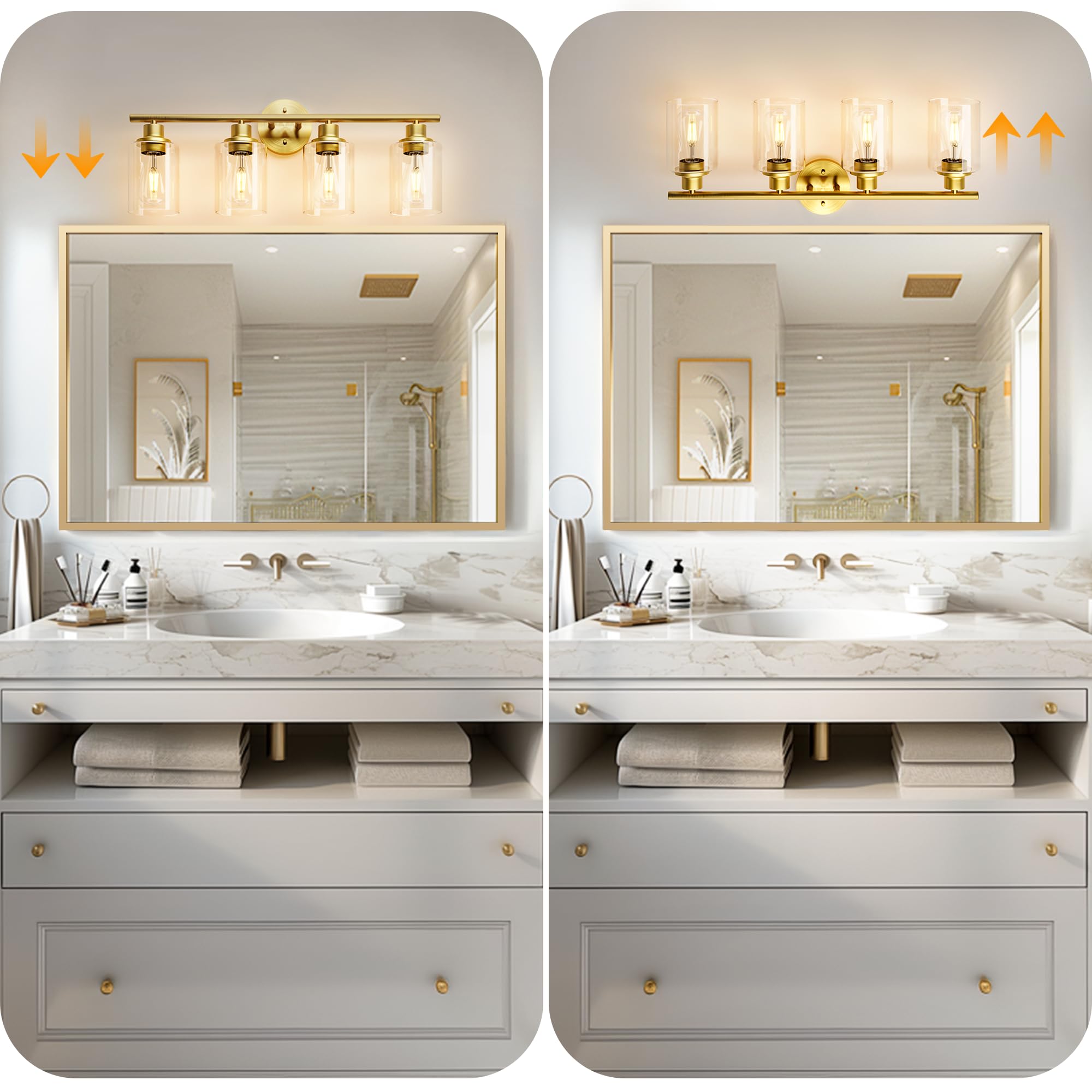 Weyderk 4-Light Gold Bathroom Vanity Light Fixture, Metal with Clear Glass Shades, UL Certified, Model BD