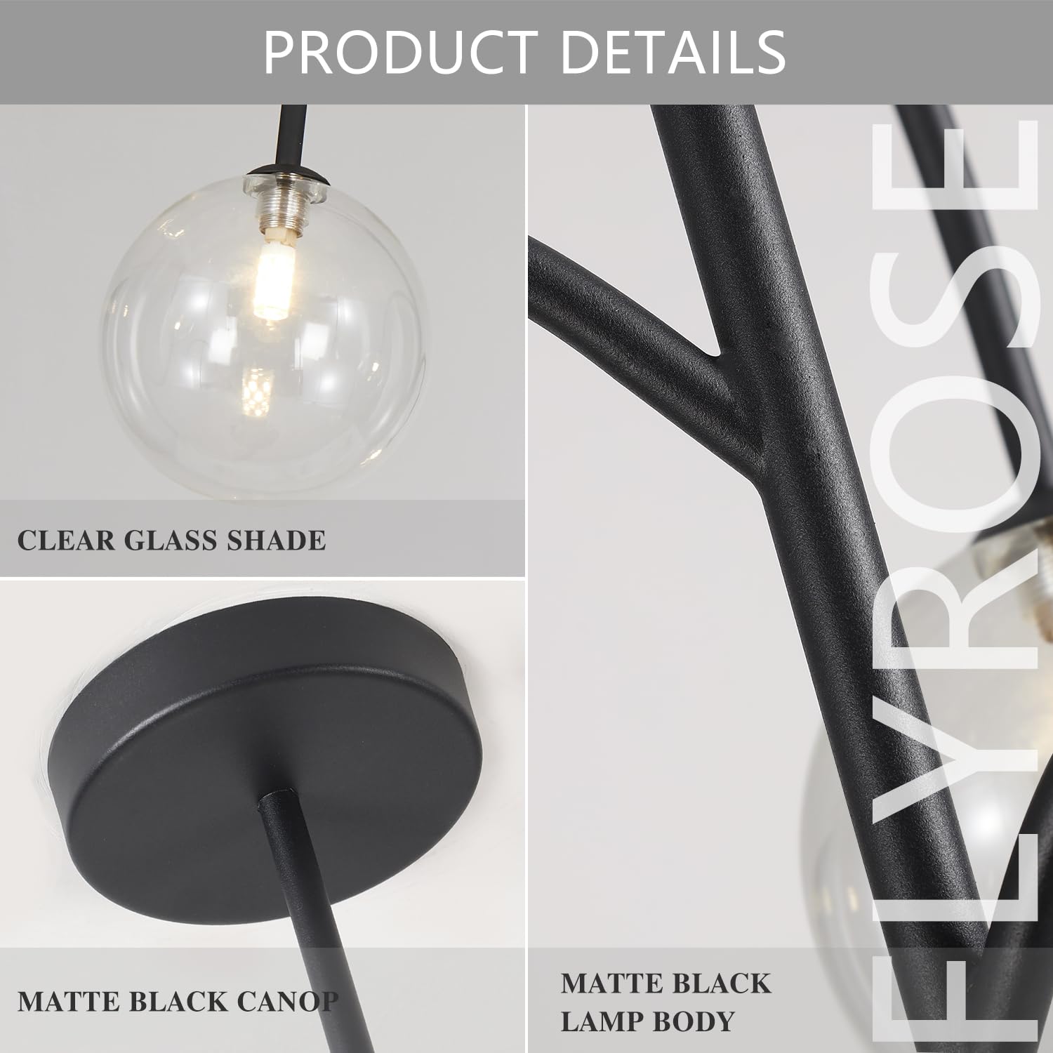 Flyrose Clear Bubble Chandelier Lighting Farmhouse Black Pendant Lighting 3-Light Kitchen Island Light Fixtures Mid Century Mode