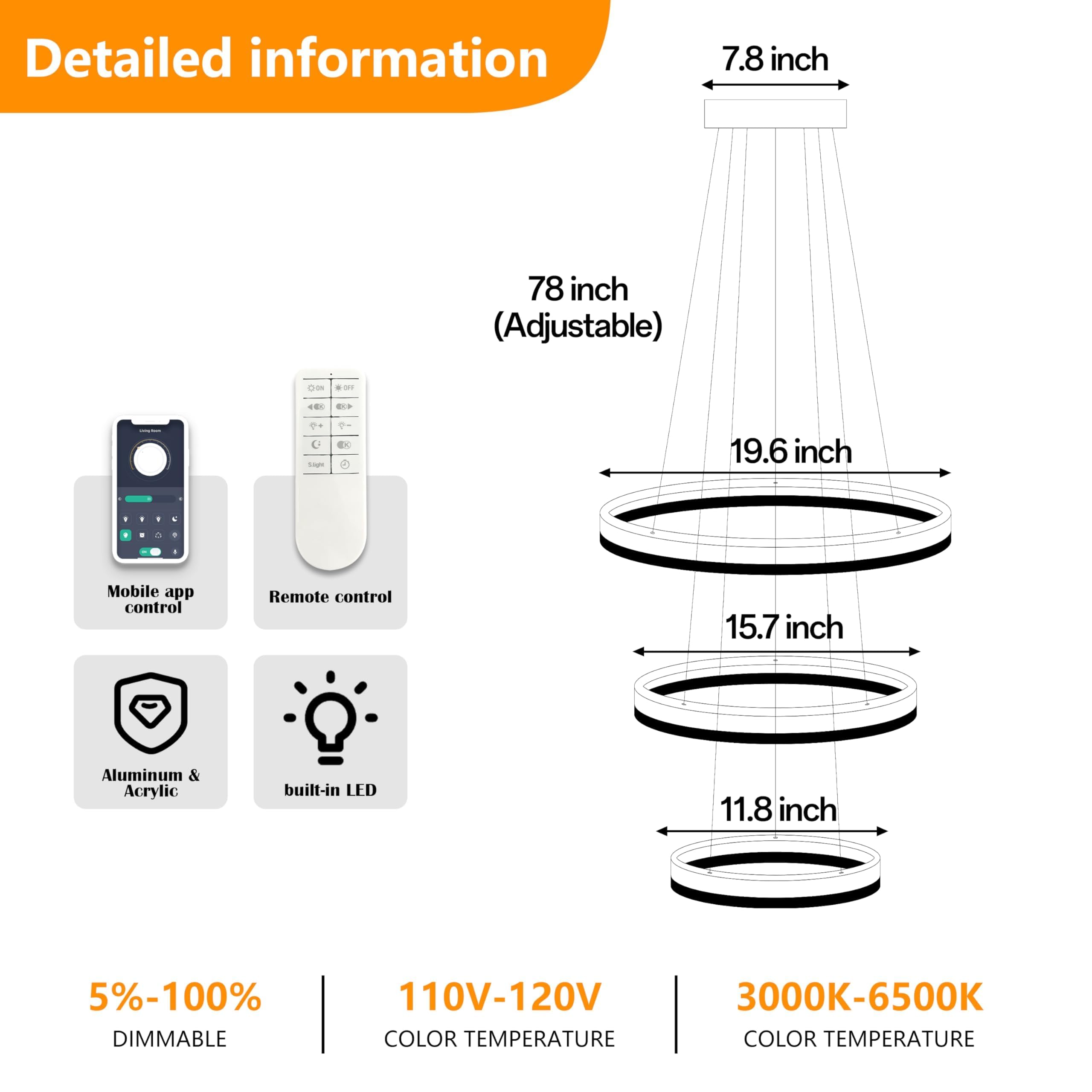 Mccokaige Modern Gold LED Chandelier, 3 Rings, Dimmable, Height Adjustable, Metal Light Fixture for Kitchen, Dining Room, 20"