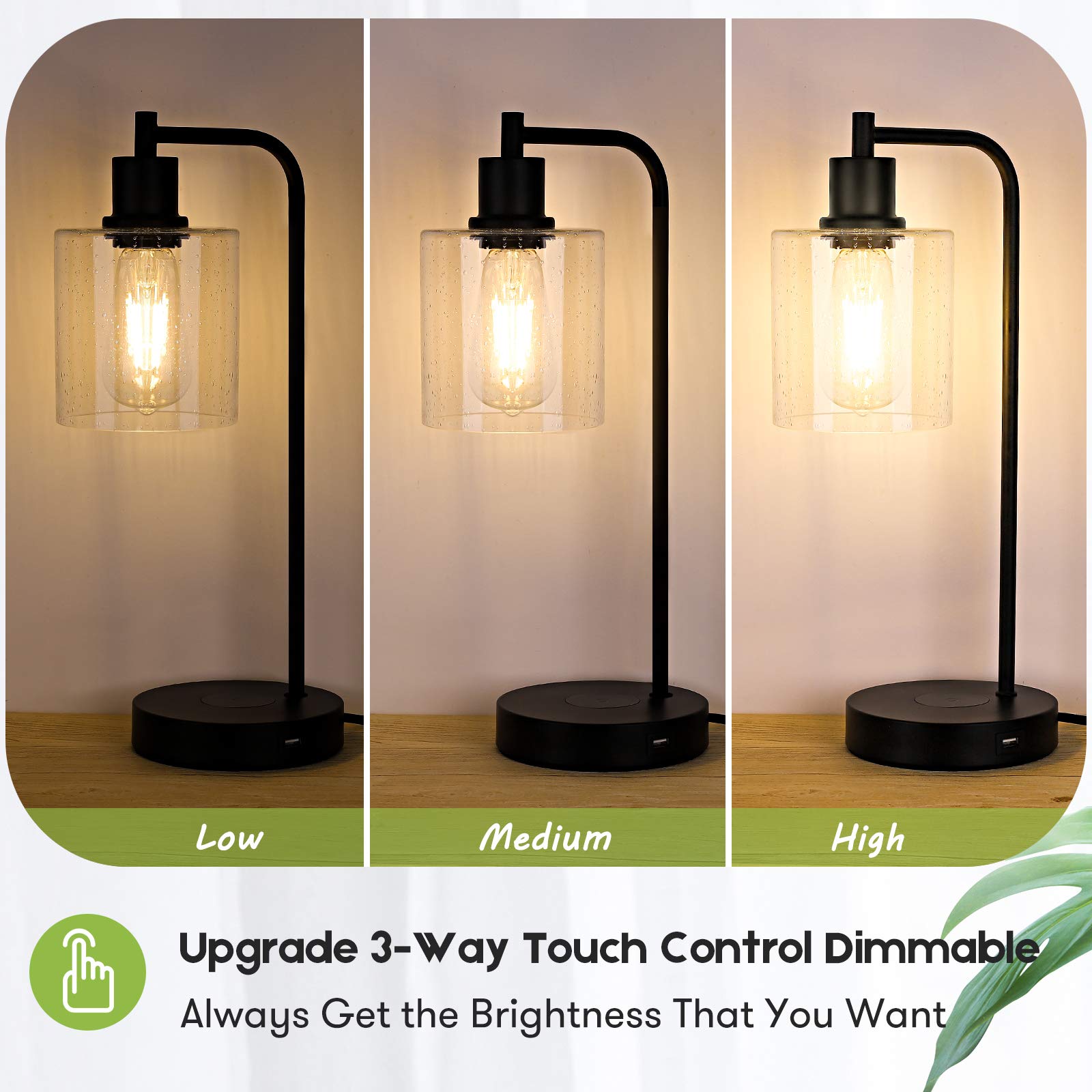 Bosceos Industrial Table Lamp Set of 2, 3-Way Touch Control, Dimmable, Metal, Black, USB Port, Model YC-TL-JBS-002, Bulb Included