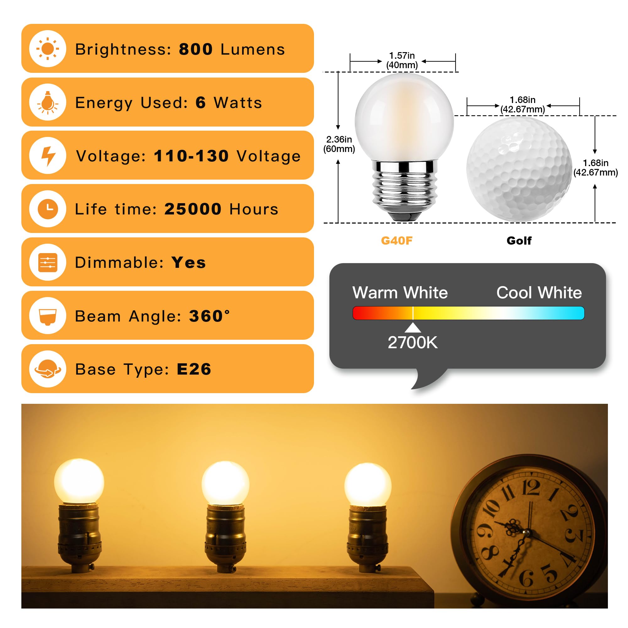 Sphoon Dimmable G40 LED Bulbs, 6W Frosted Glass, Soft Warm White 2700K, 800LM, Pack of 4, E26 Standard Base
