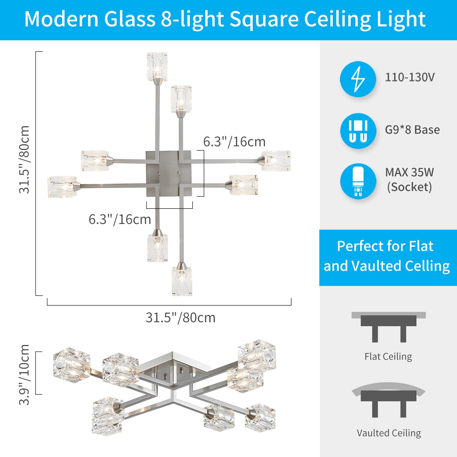 Xingqi 8-Lights Semi Flush Mount Ceiling Light Fixture, Modern Chandelier Brushed Nickel Lighting Fixtures Sputnik Chandeliers F