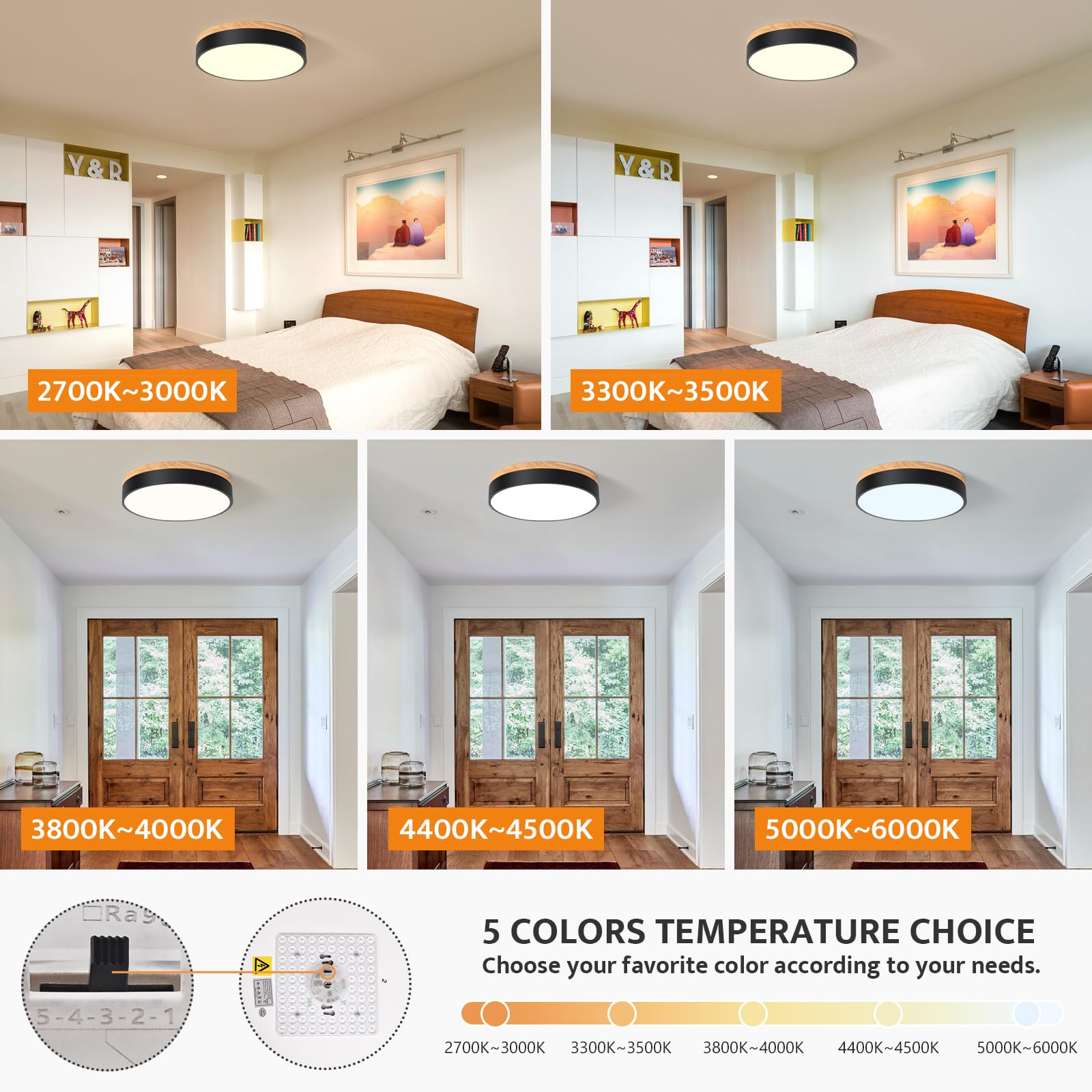 Yiisem Dimmable Wood LED Ceiling Light, 11.8in, Black, 5CCT 2700K-6000K, Modern Flush Mount Lamp for Bedroom, Kitchen, Hallway