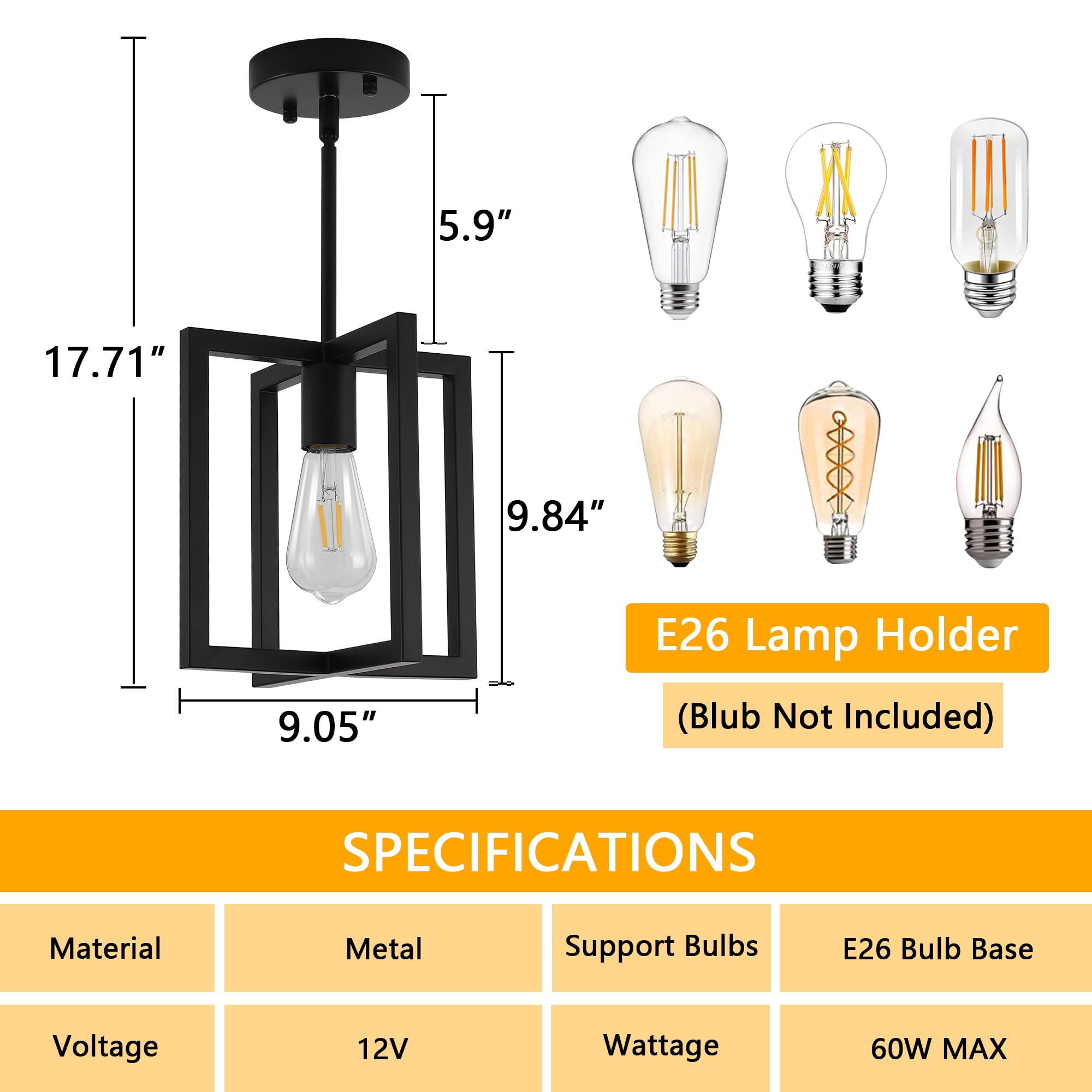 Bosomfr 1-Light Black Ceiling Light Fixture Semi Flush Mount, Rustic Vintage Retro Ceiling Light Metal Industrial Farmhouse Chan