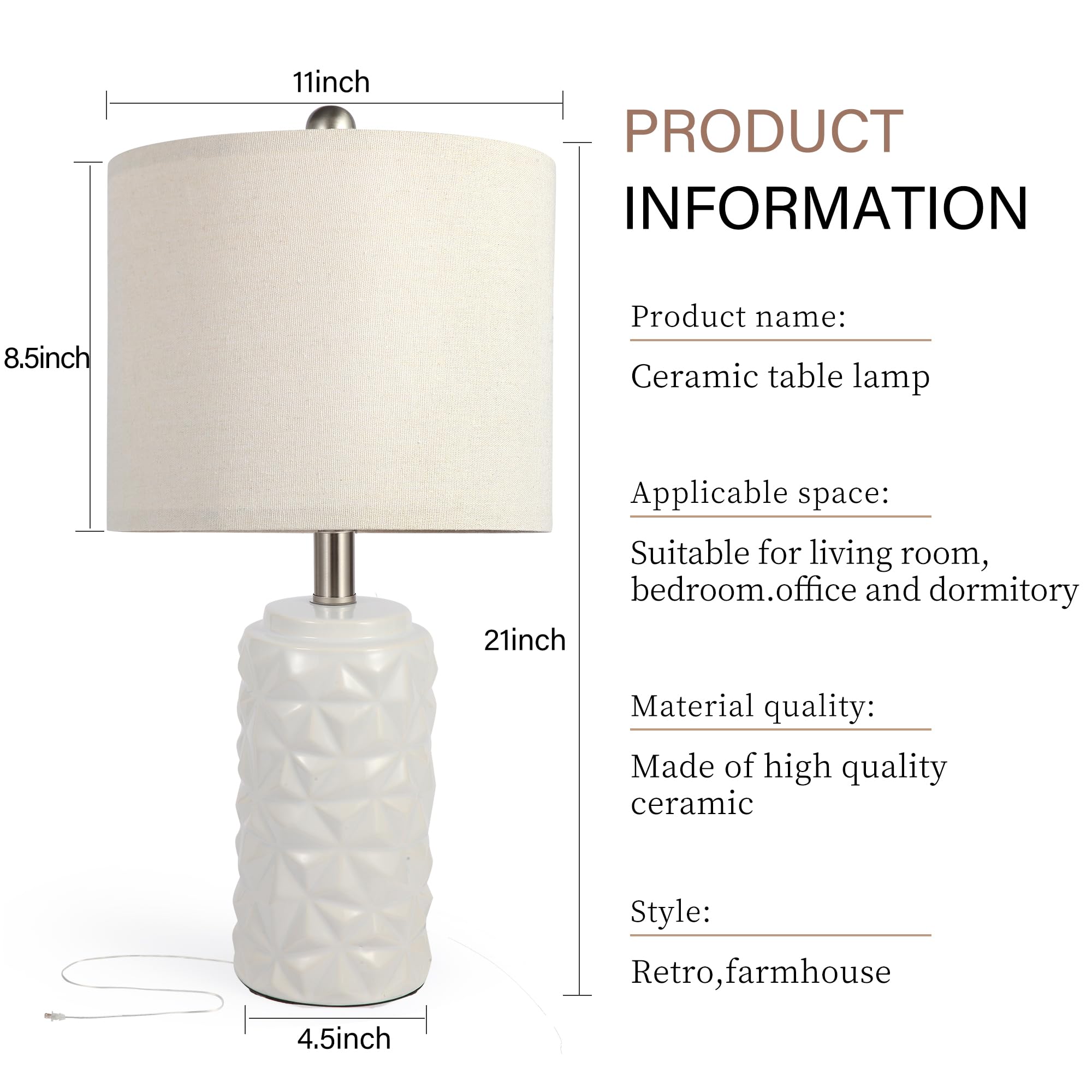 Ikopyal 22'' White Modern Ceramic Bedside Lamp For Bedroom Decor Farmhouse Table Lamp For Living Room Office Dorm