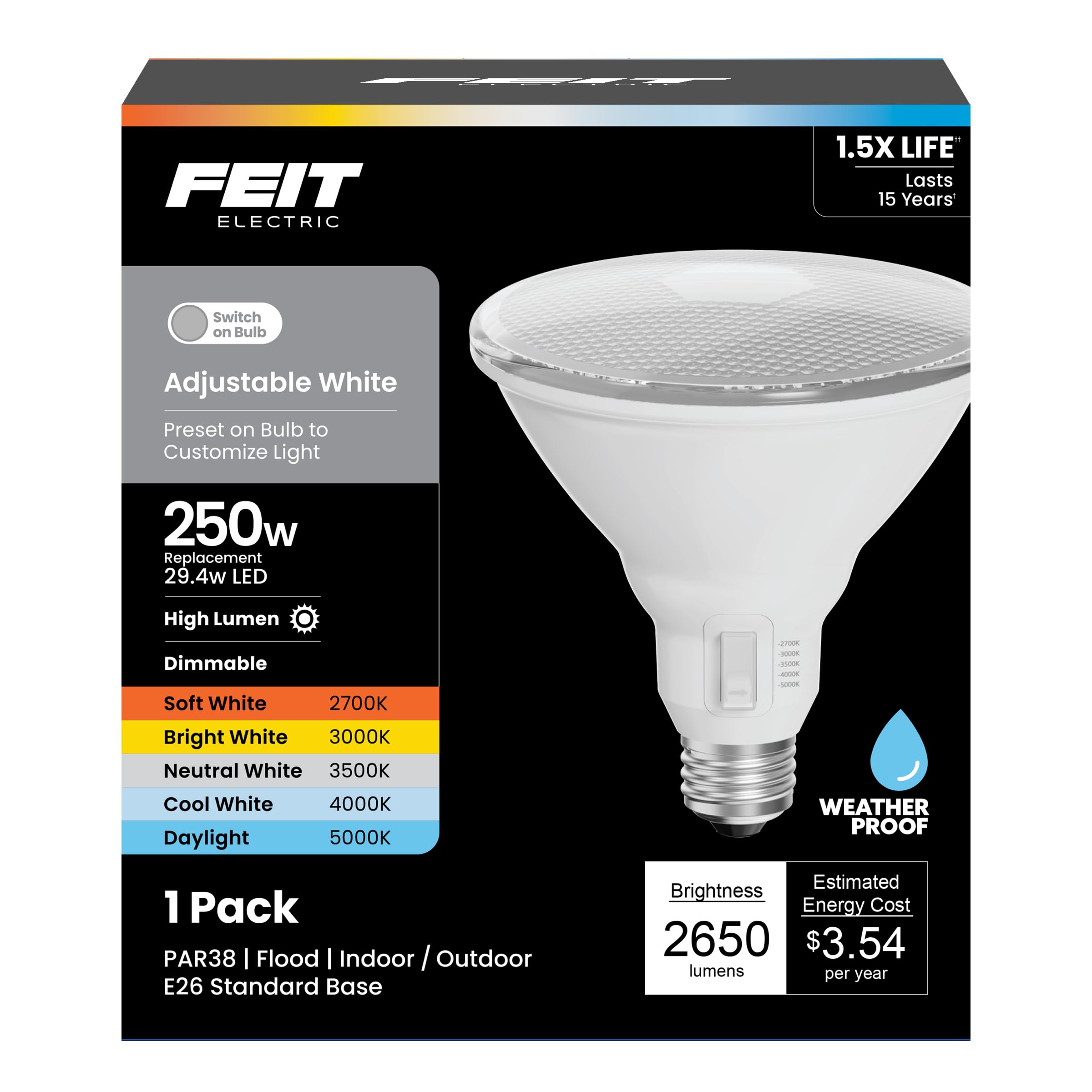 Feit Electric Par38 Led Reflector Light Bulb, 250W Equivalent, 5 Color Temperatures (Soft To Daylight), Dimmable, 2650 Lumens, O