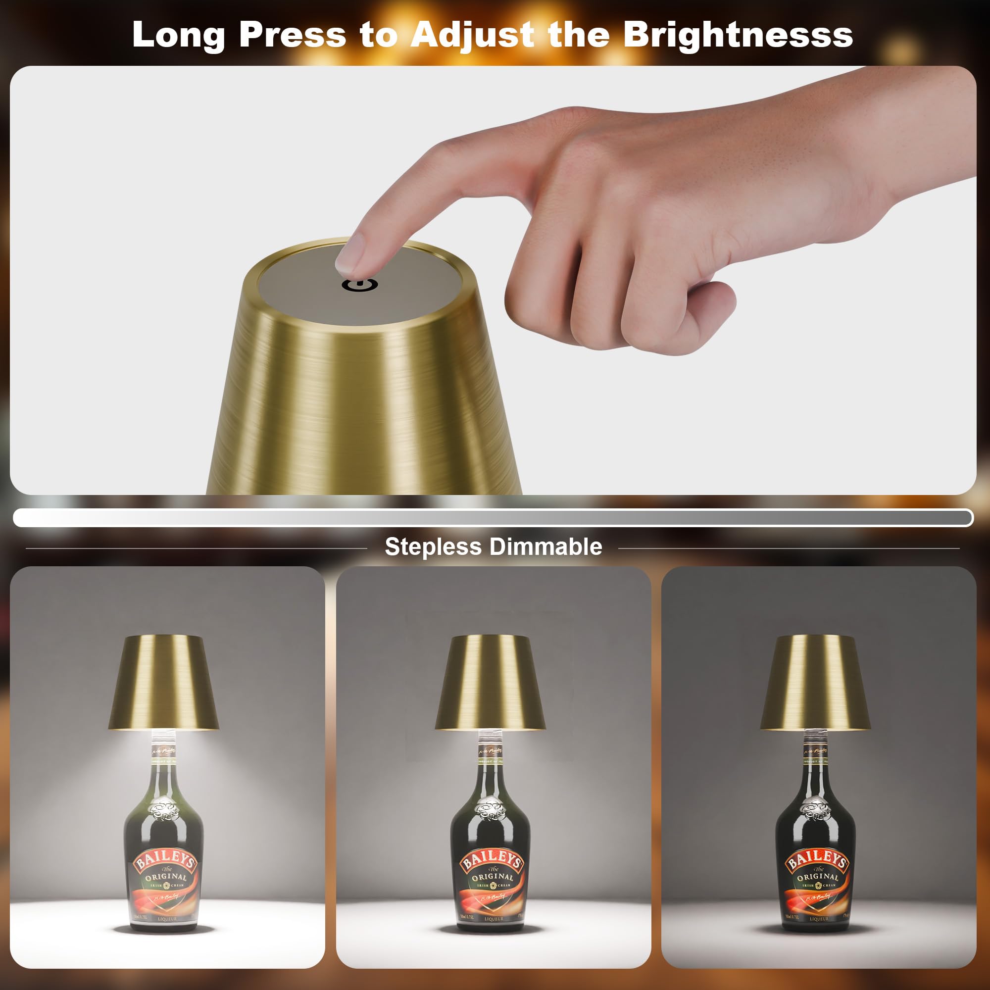 ULAROOM Wireless LED Bottle Lamp, Rechargeable USB-C, 3 Color Dimmable, Small Bedside Desk Lamp, Gold