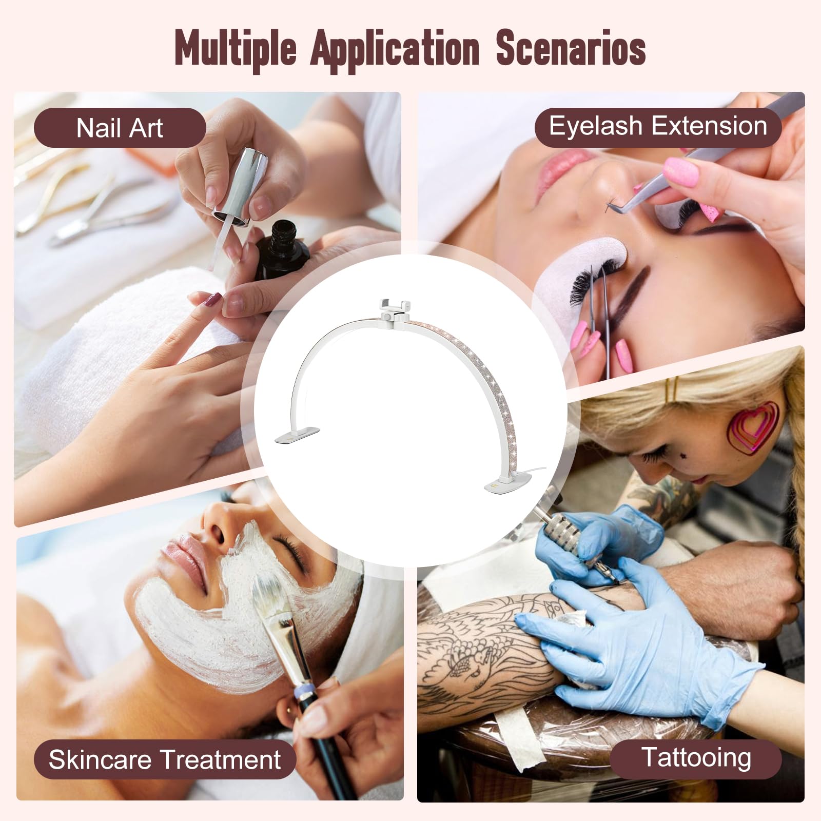 Half Moon Light For Nail Desk With Phone Holder, 28In Folding Half-Moon Light With Shinning Diamond, Led Lamp For Nail Art, Eyel