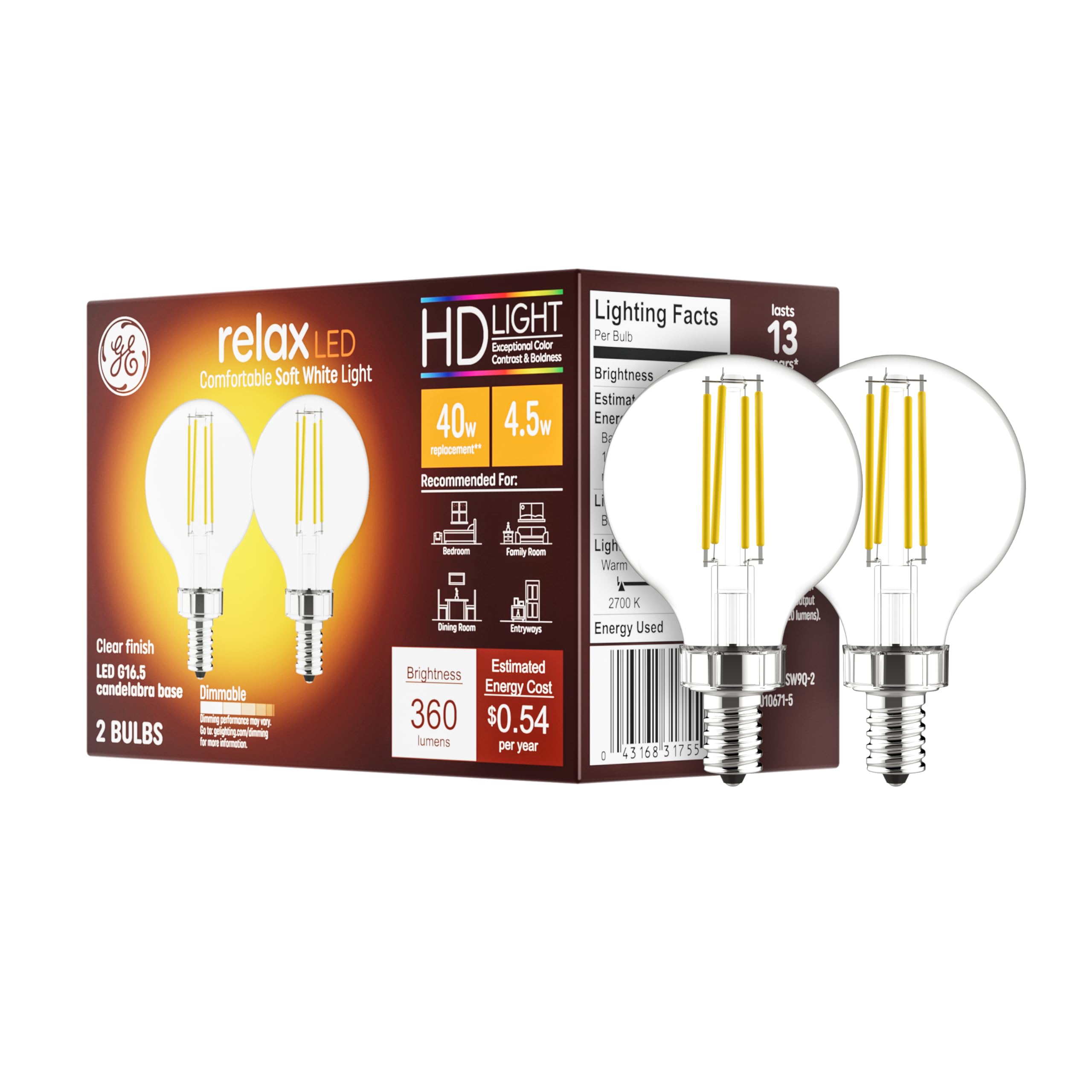 Ge Relax Led Light Bulbs, 40 Watt, Soft White, G16.5 Globe Bulbs, Clear, Small Base (2 Pack)