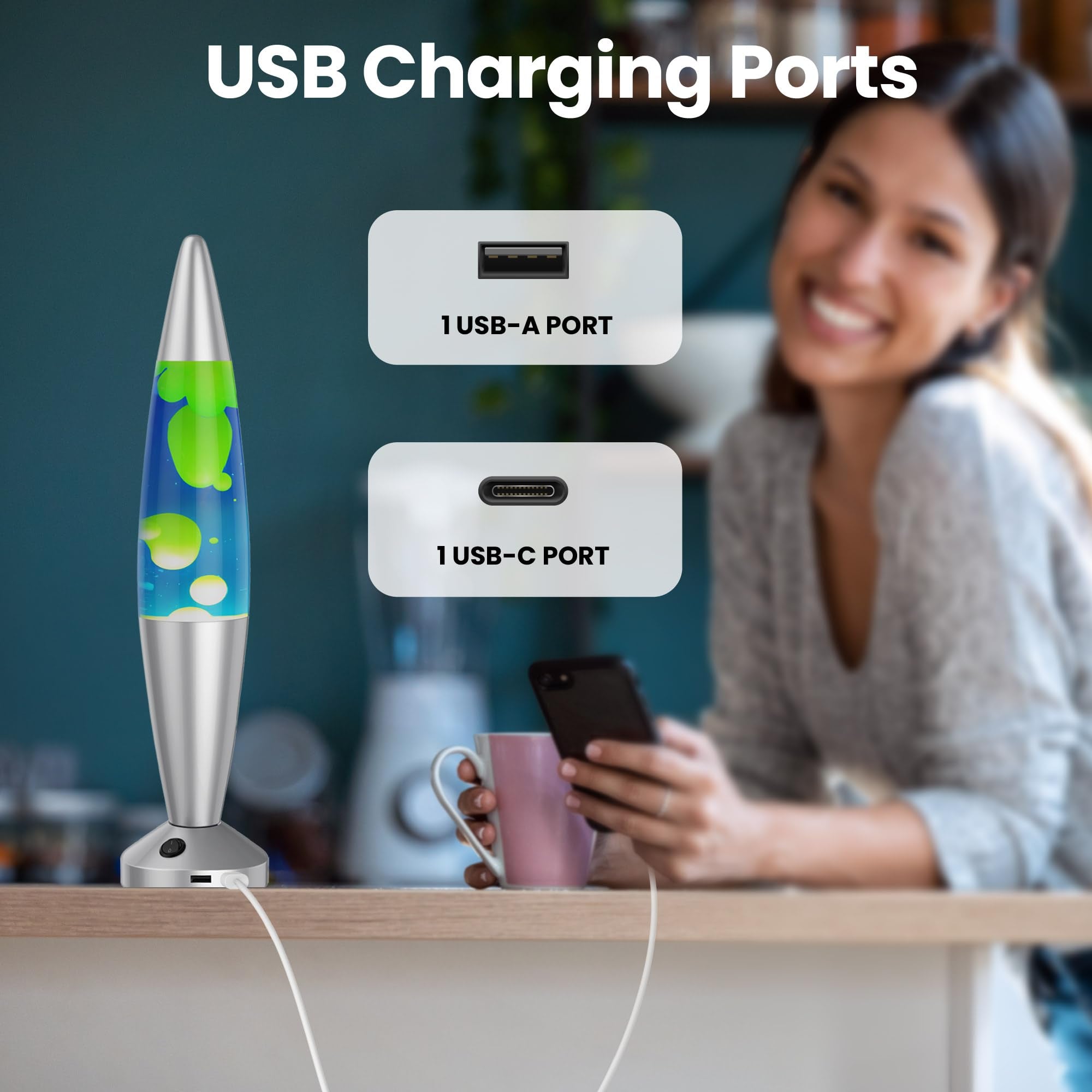 JAMBO 16in Liquid Motion Lamp - Blue with Yellow Wax, USB Night Light, Aluminum Base, Model 55000, Home Decor for Kids and mature-themeds