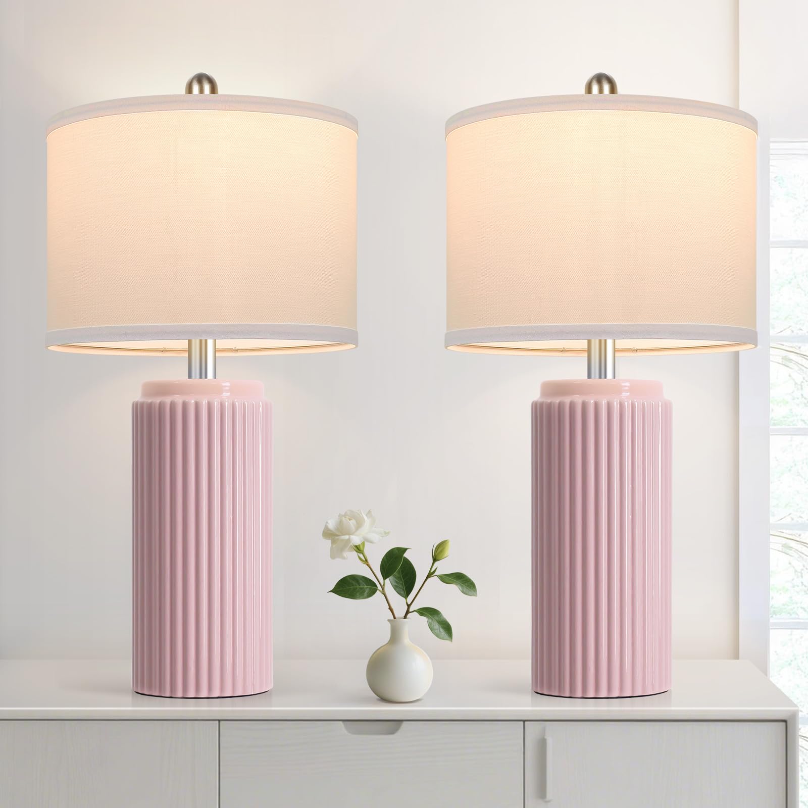 23.5 Modern Pink Table Lamps Set of 2 for Living Room  Ceramic Bedside Lamps with White Linen Shade for Girls Room  Rustic Nightstand Lamps for Bedroom Home Office  Cute Lamps for End Table Dorm