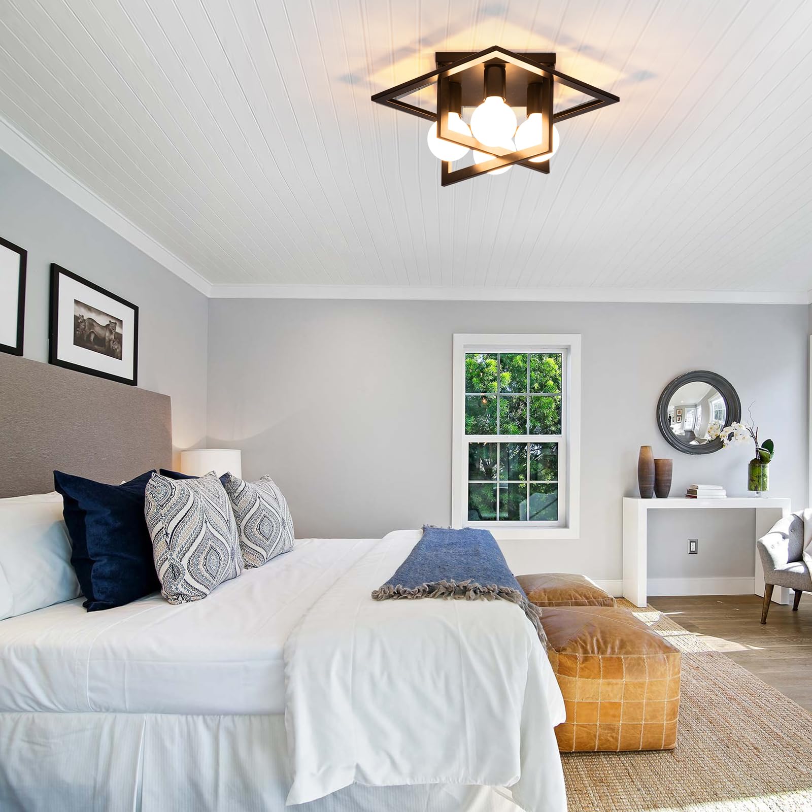 Industrial Farmhouse Ceiling Light Fixture 4-Light Set Of 2 Matte Black Flush Mount With Geometric Cage Design - E26 Base For Ki