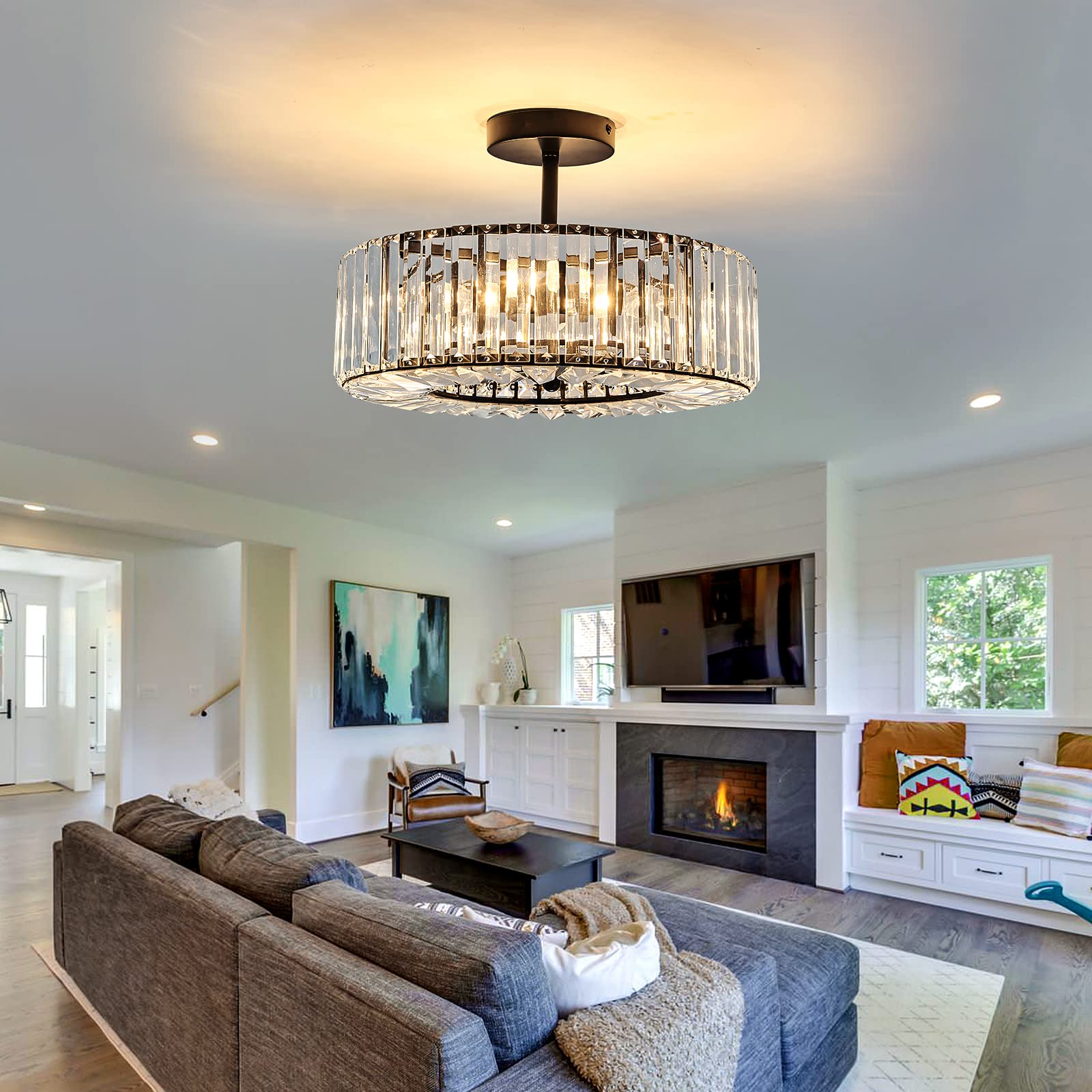 Piepooye Modern Crystal Chandelier, Black Round Semi Flush Mount, R-2041, Ideal for Dining Room, Living Room, Kitchen, Hallway