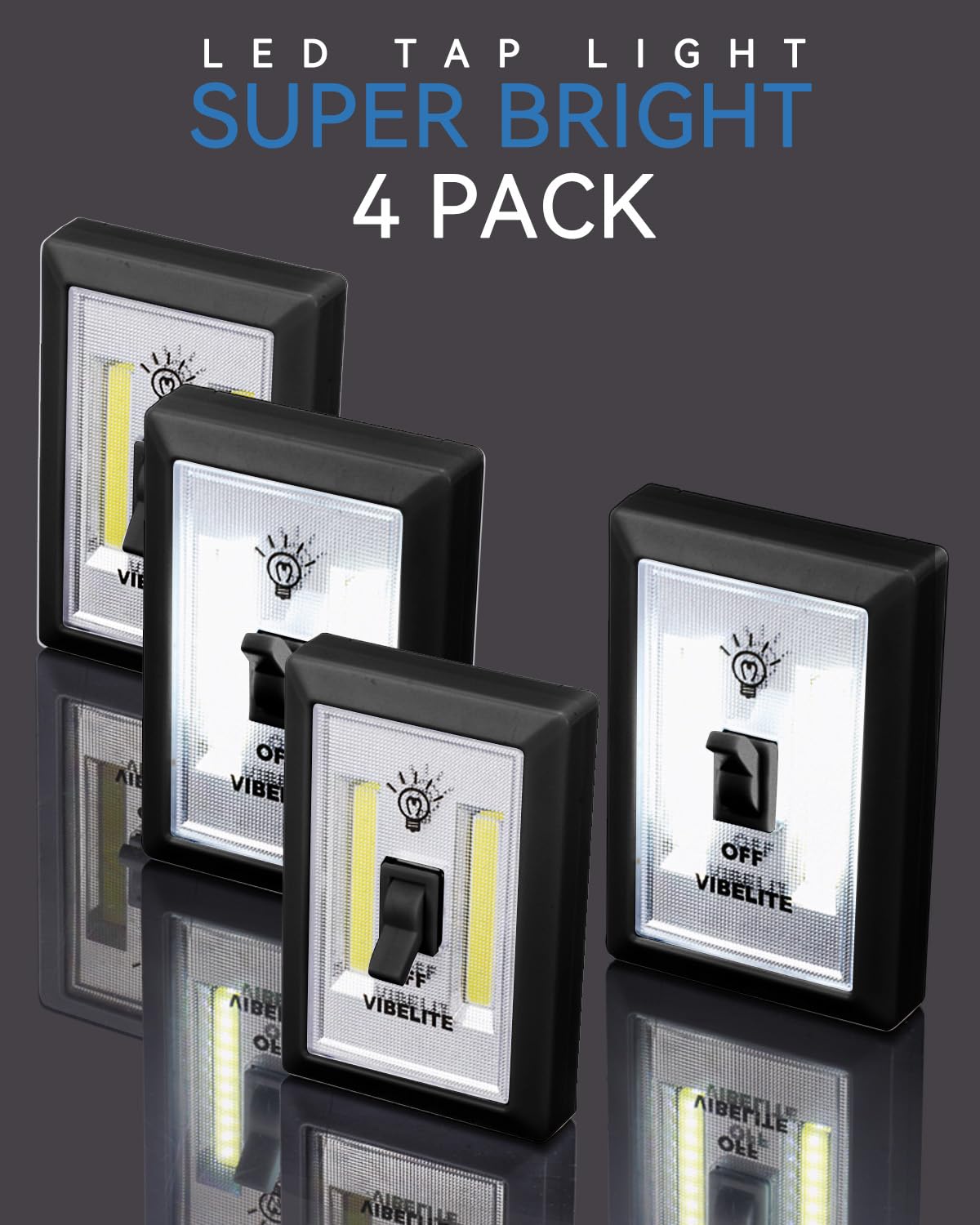 VIBELITE LED Night Light Switch - 200 Lumen Wireless COB Lamps, Battery Operated, 4 Pack, Black