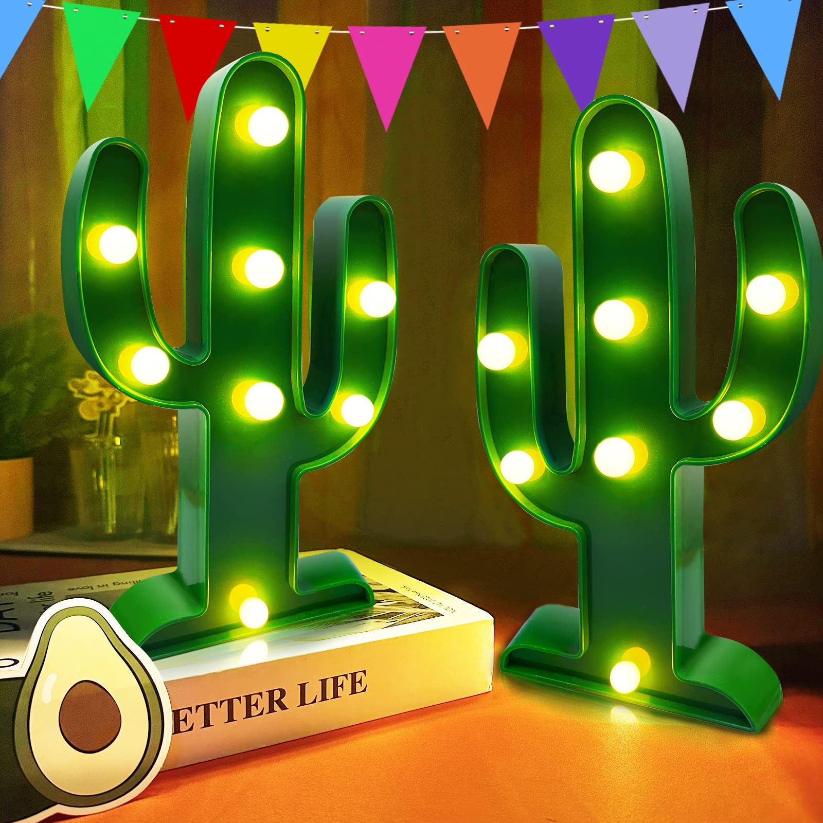 [ Extra Large & 2 Pack ] Cactus Light Mexican Party Decorations Total 16 LED 10 Inch Cactus Decor Fiesta Cinco De Mayo Decor Cute Night Lamp for Table Kids' Room Bedroom Living Room Gift Party