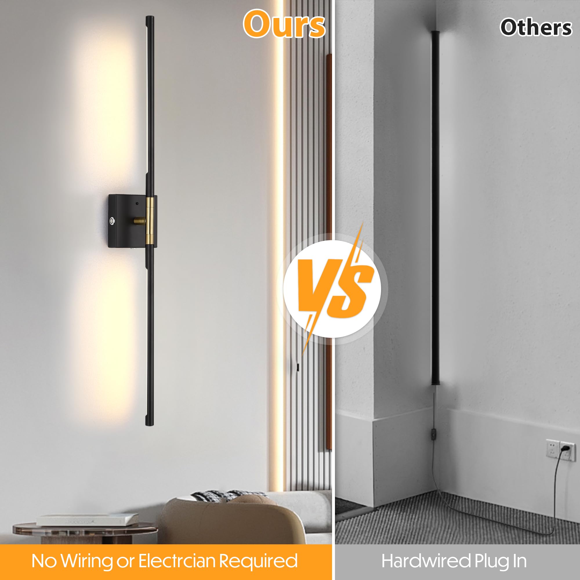 gernehop Battery Operated Wall Sconces Set of 2, Dimmable LED, Black Gold, 36 Inch, Model W6022-GDBK-2PK