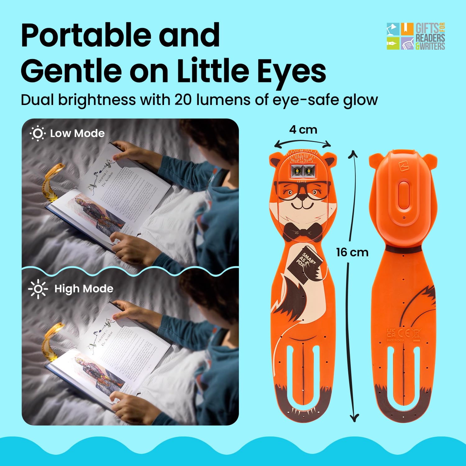 Gifts for Readers & Writers Flexilight Pal Reading Light | LED Clip On Bookmark | Rechargeable | Fox