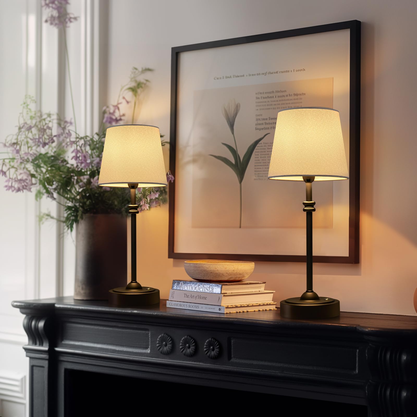 ONEWISH Cordless Table Lamps Set of 2 - Rechargeable, Stepless Dimmable, Black Fabric Shade, 4000mAh Battery, Model 13TAB125
